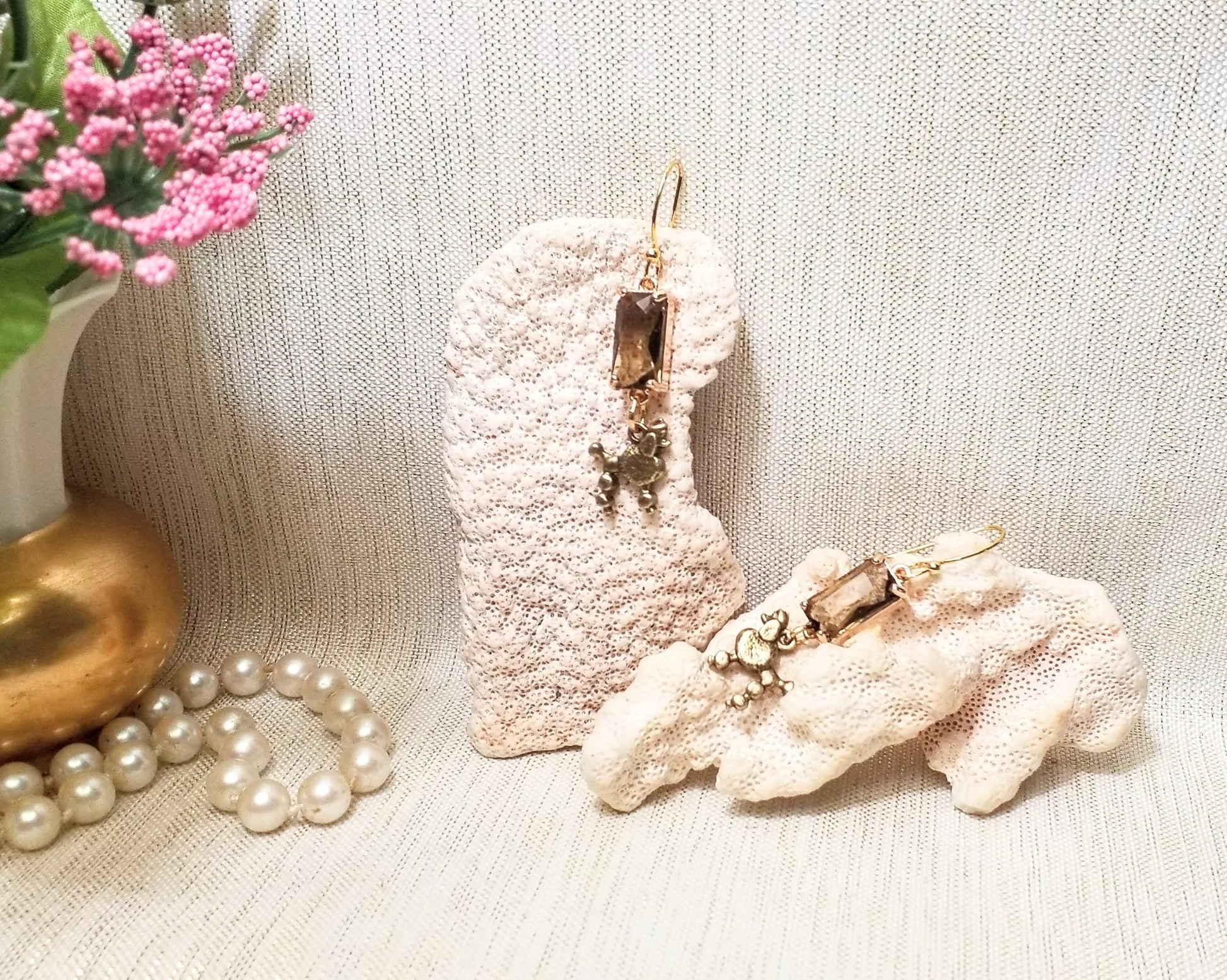 Handcrafted Crystal Earrings With Bronze Poodle Charms