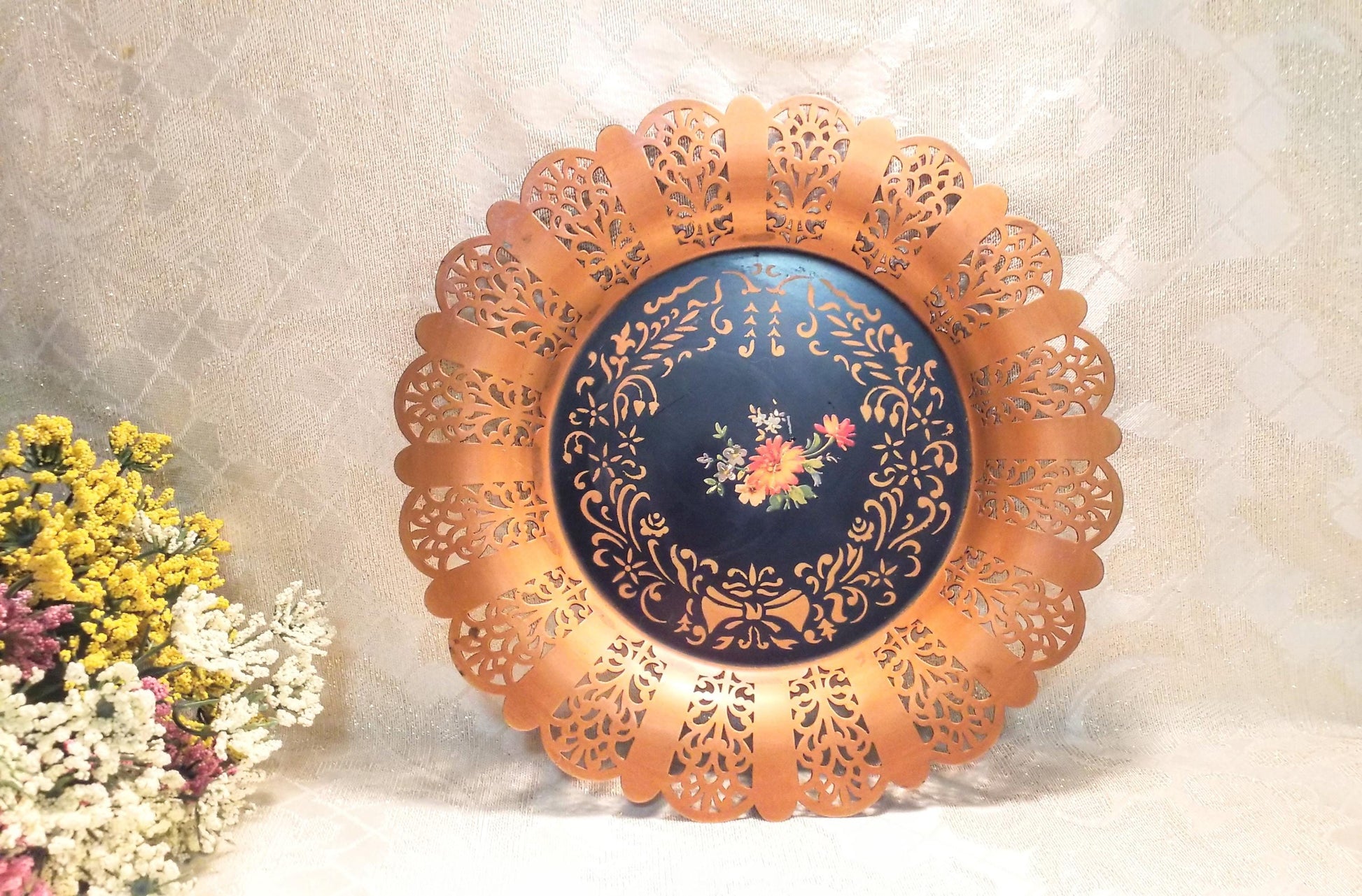 Vintage Metal Plate, Floral Filigree Design, 10-inch Wide