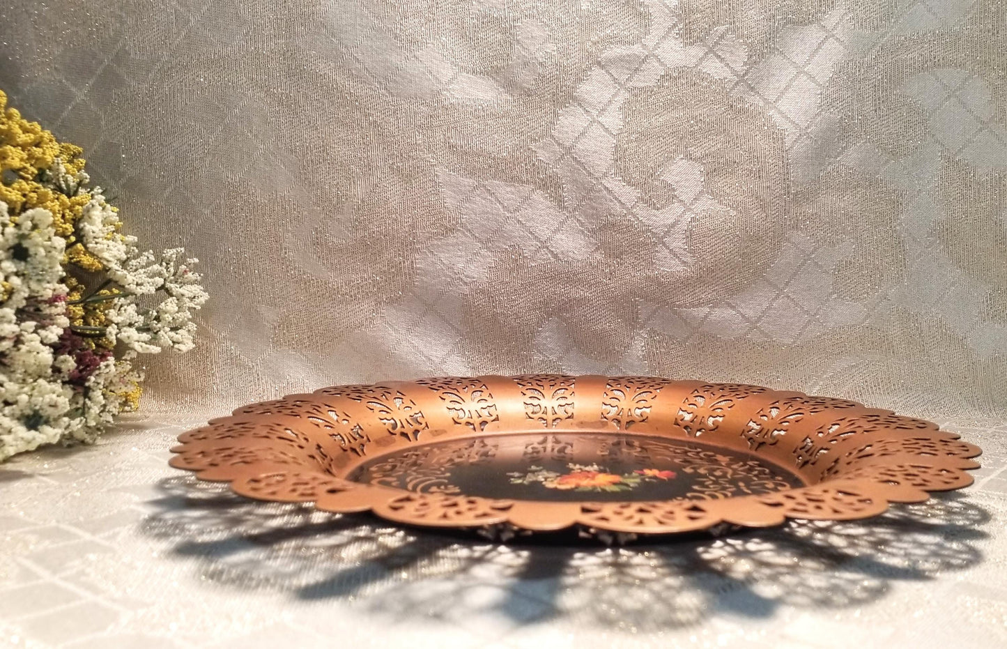 Vintage Metal Plate, Floral Filigree Design, 10-inch Wide