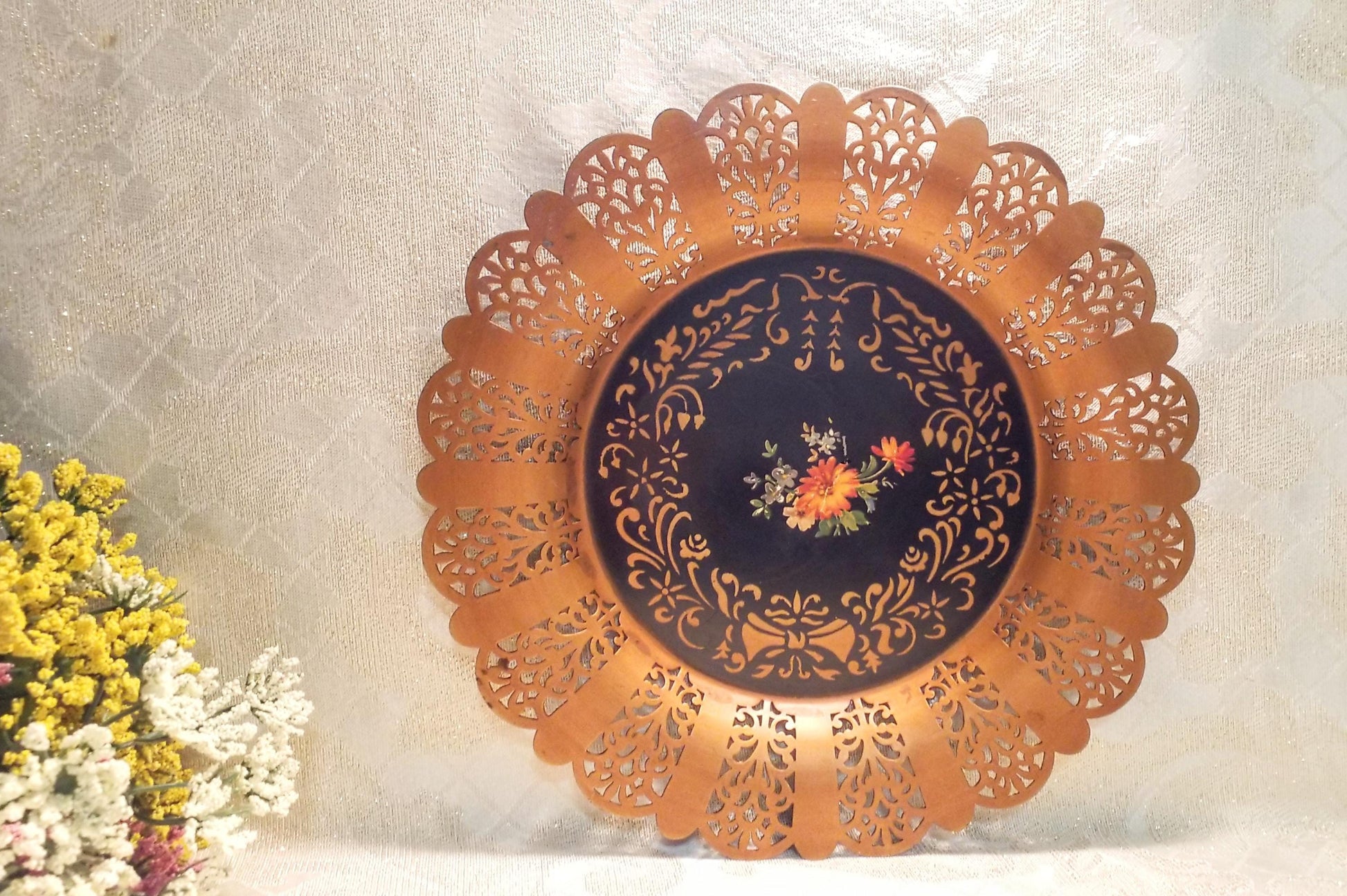 Vintage Metal Plate, Floral Filigree Design, 10-inch Wide