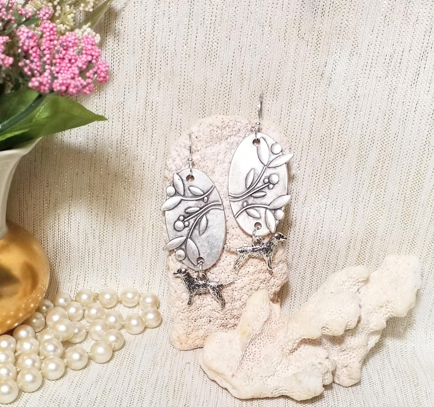 Floral Earrings with Silver Dog Charm, Gift for Pet Lover