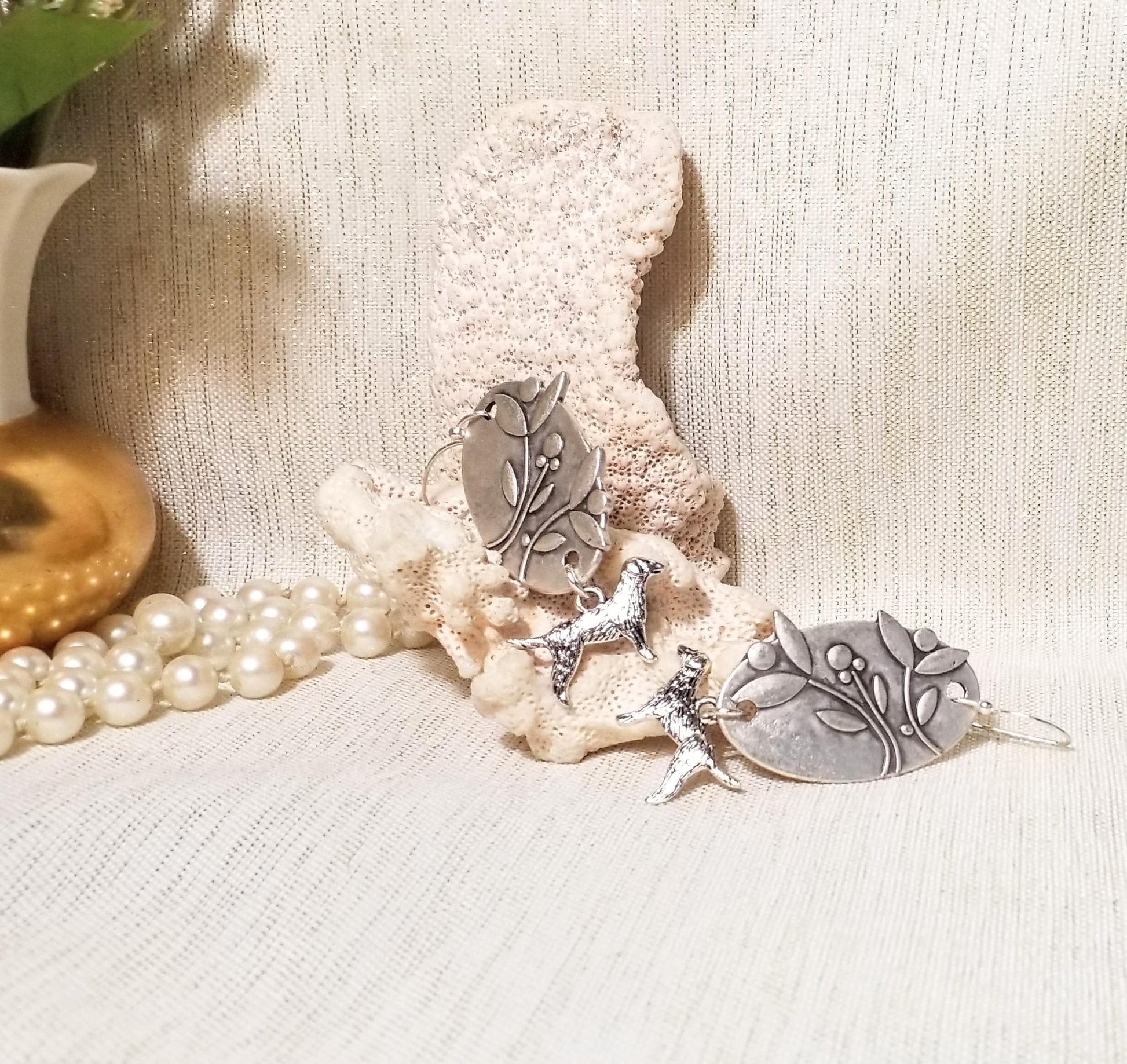 Floral Earrings with Silver Dog Charm, Gift for Pet Lover
