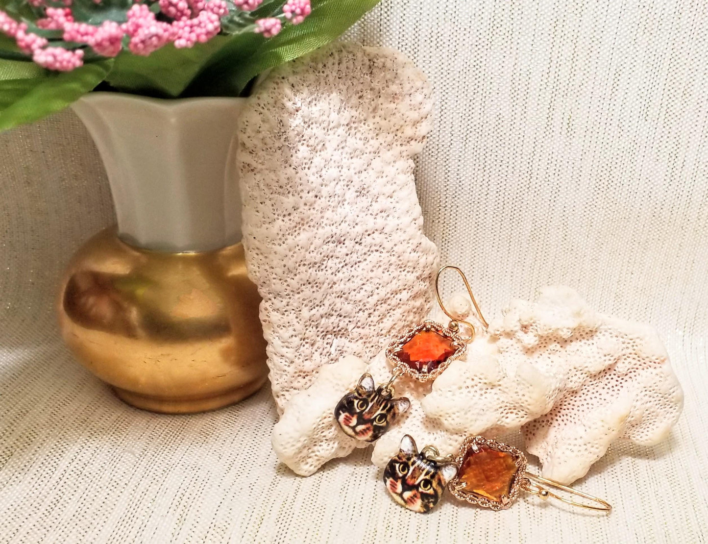 Handcrafted Kitten Earrings: Topaz Crystal, Goldplated Earwires