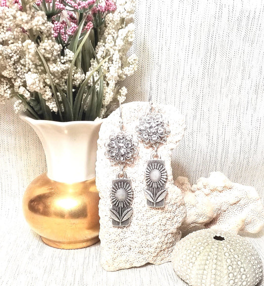 Handcrafted Rhinestone Floral Earrings, Elegant Wedding Jewelry
