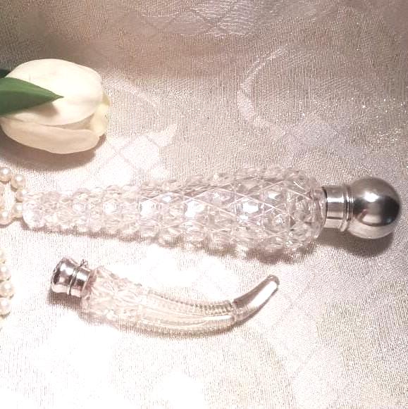 Scent Or Smelling Salt Bottles Elegant Antique Sterling Silver Tops Gorgeous Cut Crystal 2 Collectible Bottles Always FREE Domestic SHIPPING