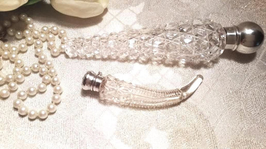 Scent Or Smelling Salt Bottles Elegant Antique Sterling Silver Tops Gorgeous Cut Crystal 2 Collectible Bottles Always FREE Domestic SHIPPING