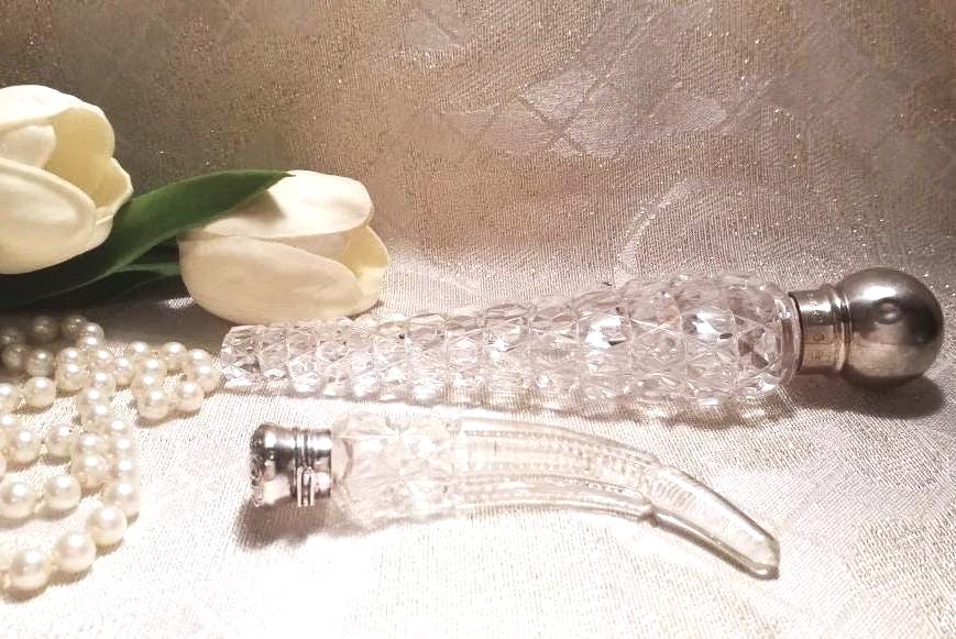 Scent Or Smelling Salt Bottles Elegant Antique Sterling Silver Tops Gorgeous Cut Crystal 2 Collectible Bottles Always FREE Domestic SHIPPING