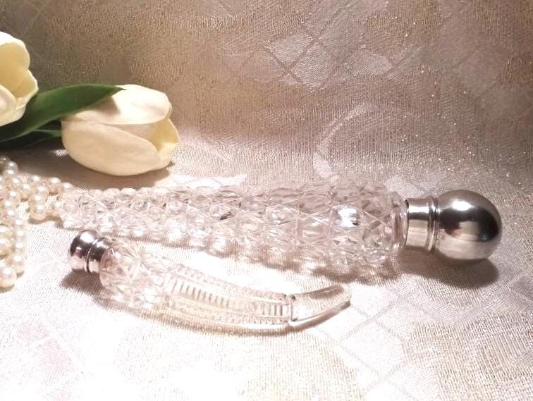 Scent Or Smelling Salt Bottles Elegant Antique Sterling Silver Tops Gorgeous Cut Crystal 2 Collectible Bottles Always FREE Domestic SHIPPING
