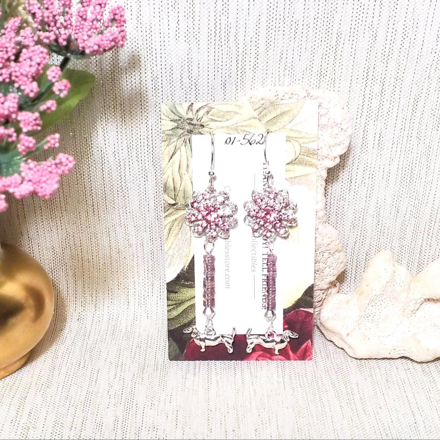 Dachshund Charm Earrings, Silverplated Crystal and Czech Glass