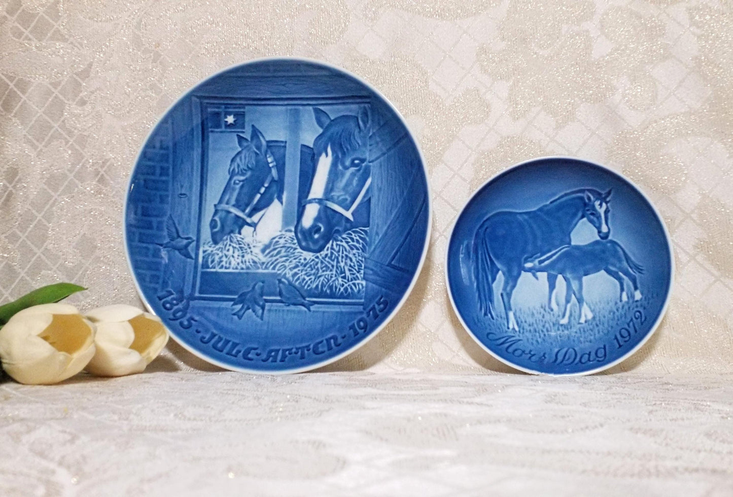 Bing and Grondahl Horse Plates, B&G Blue and White Porcelain Decor