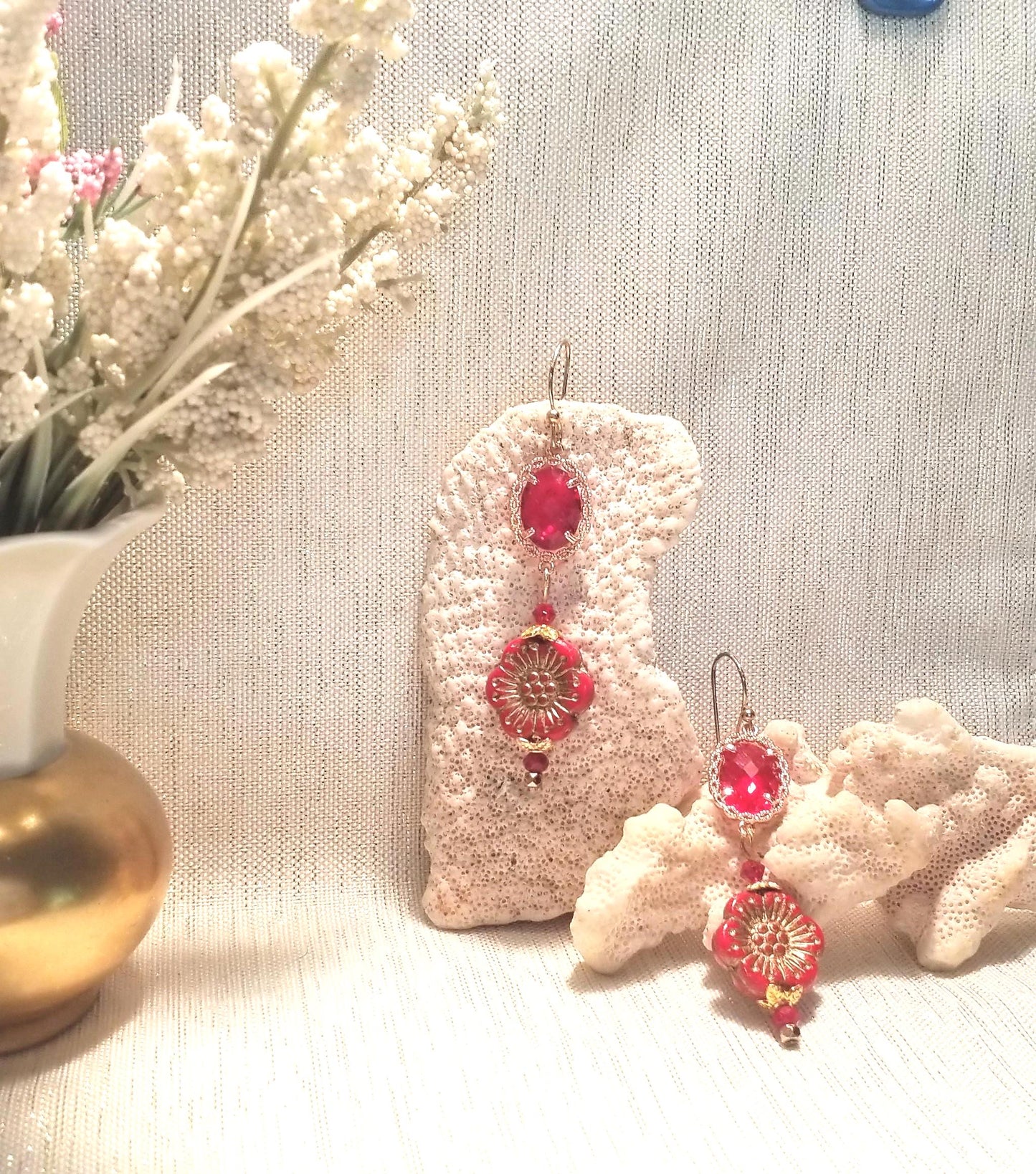 Handcrafted Red Crystal Czech Floral Earrings