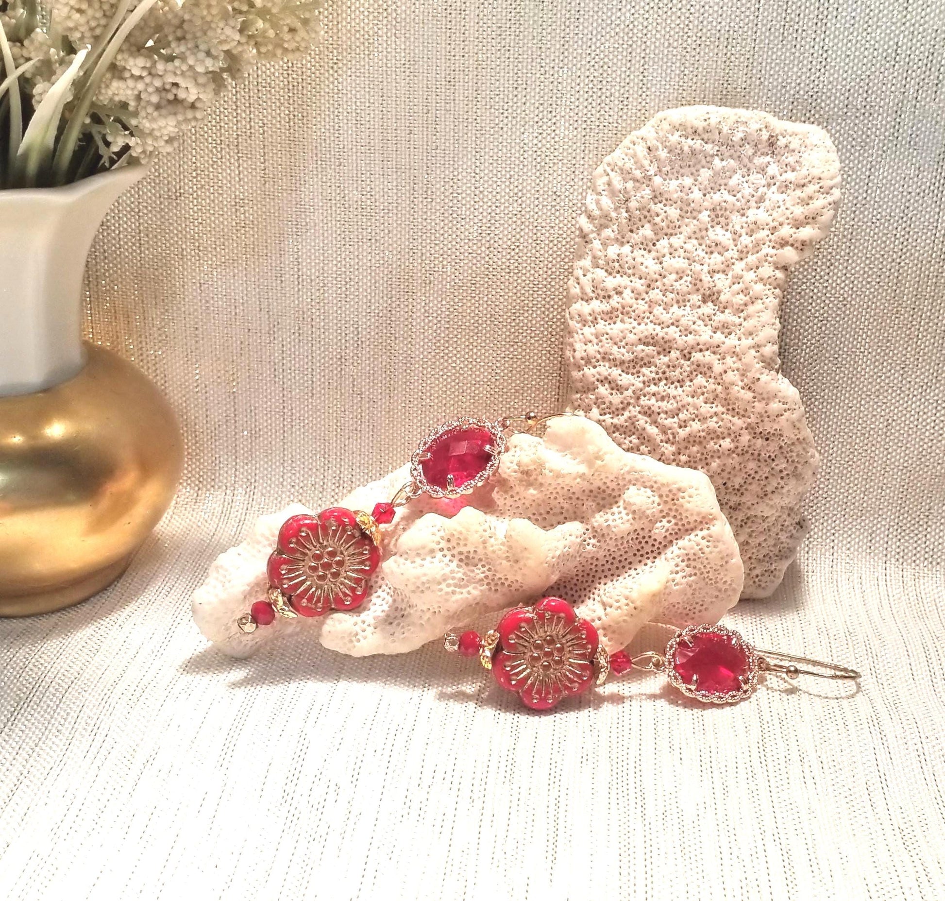 Handcrafted Red Crystal Czech Floral Earrings