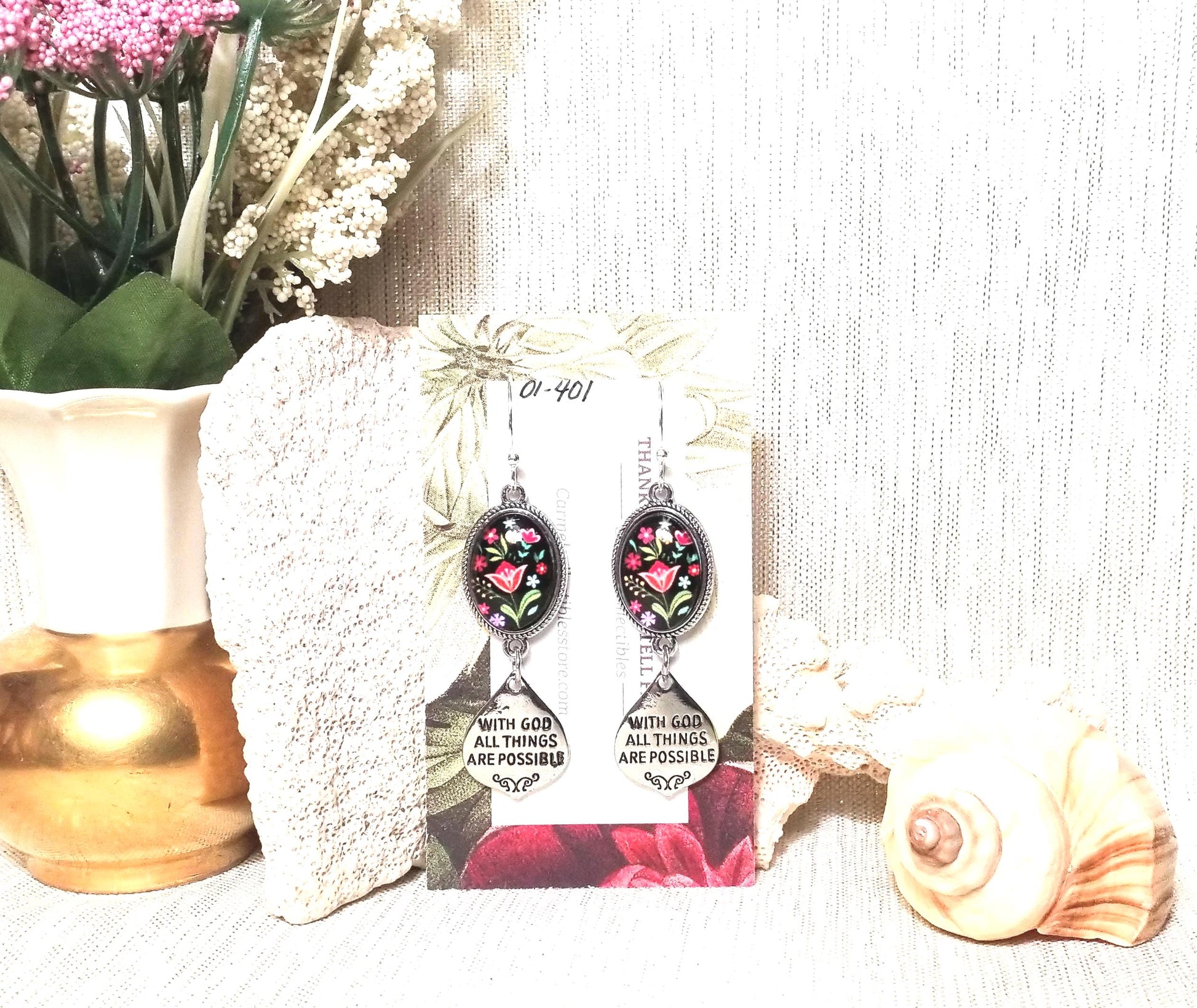 Handcrafted Floral Earrings, Matthew 19:26 Religious Jewelry FREE Domestic SHIPPING