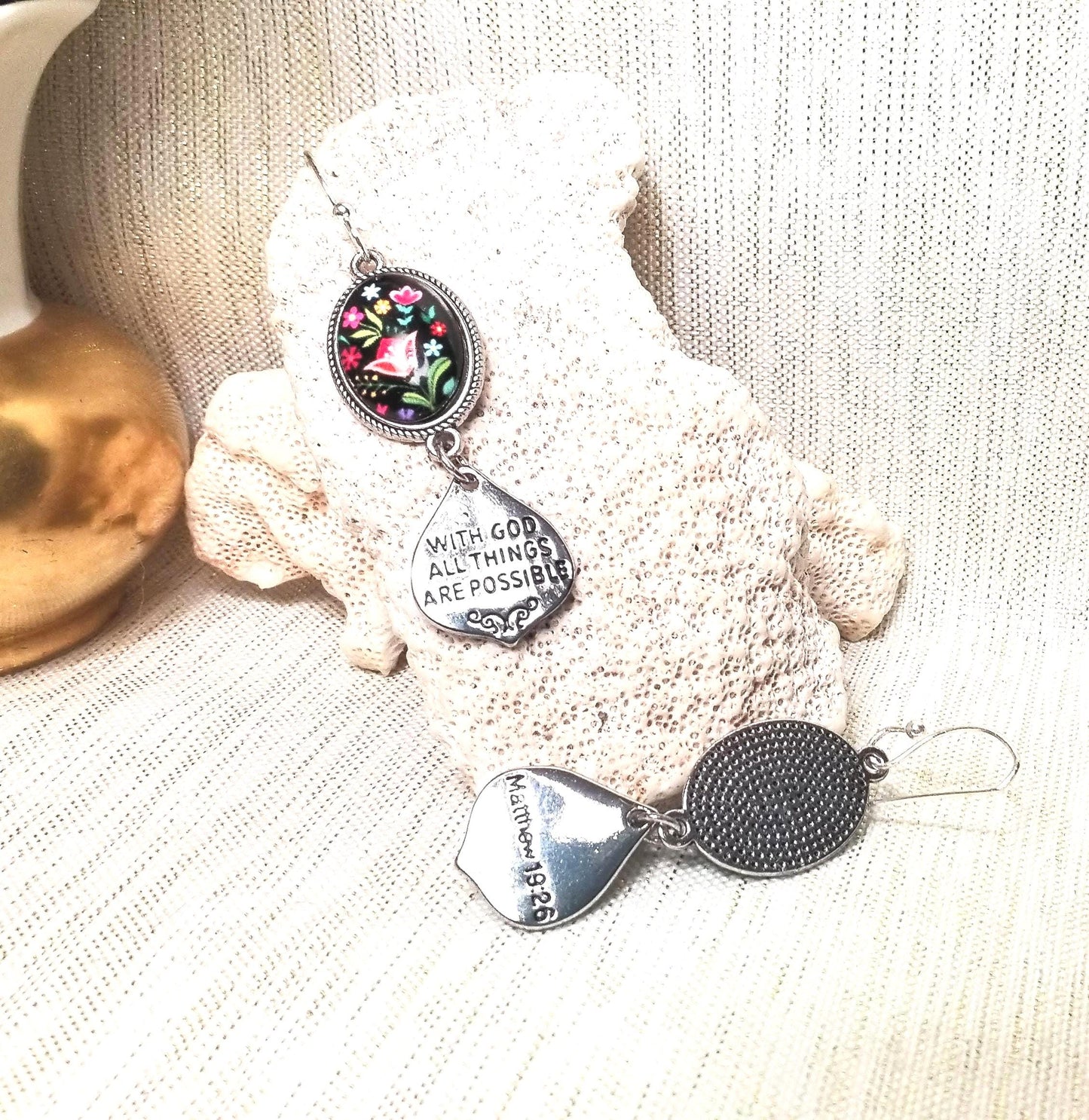 Handcrafted Floral Earrings, Matthew 19:26 Religious Jewelry FREE Domestic SHIPPING