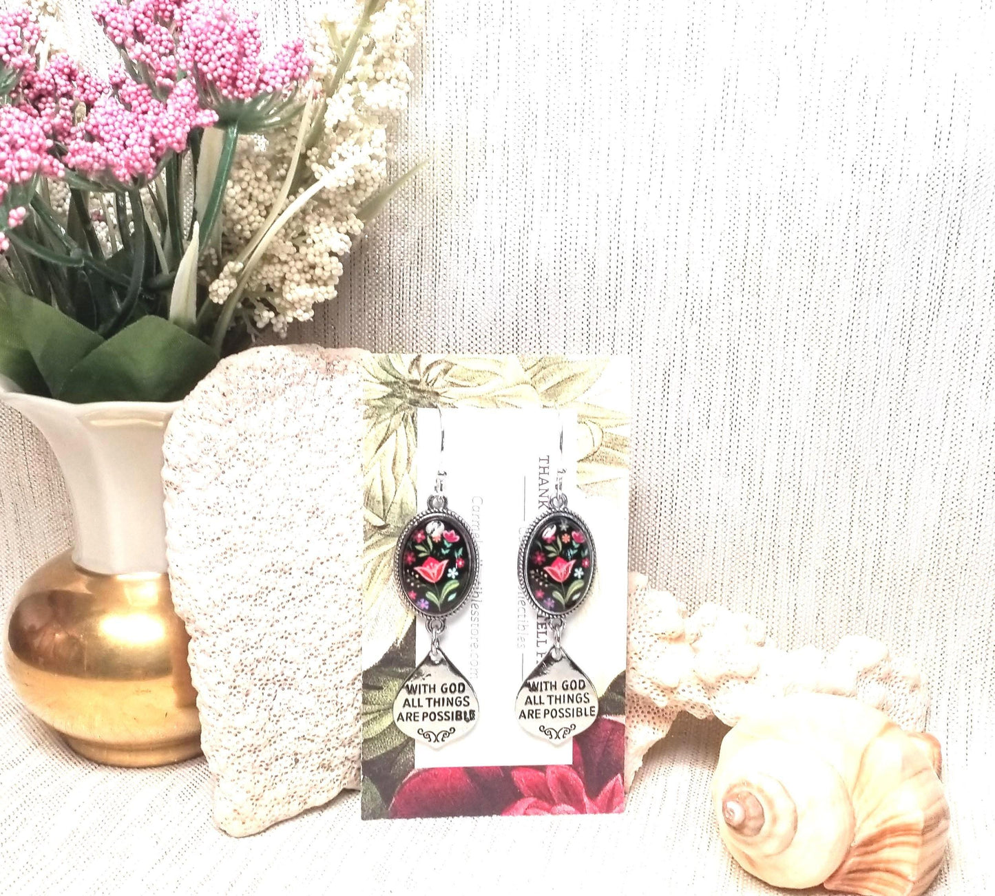 Handcrafted Floral Earrings, Matthew 19:26 Religious Jewelry FREE Domestic SHIPPING