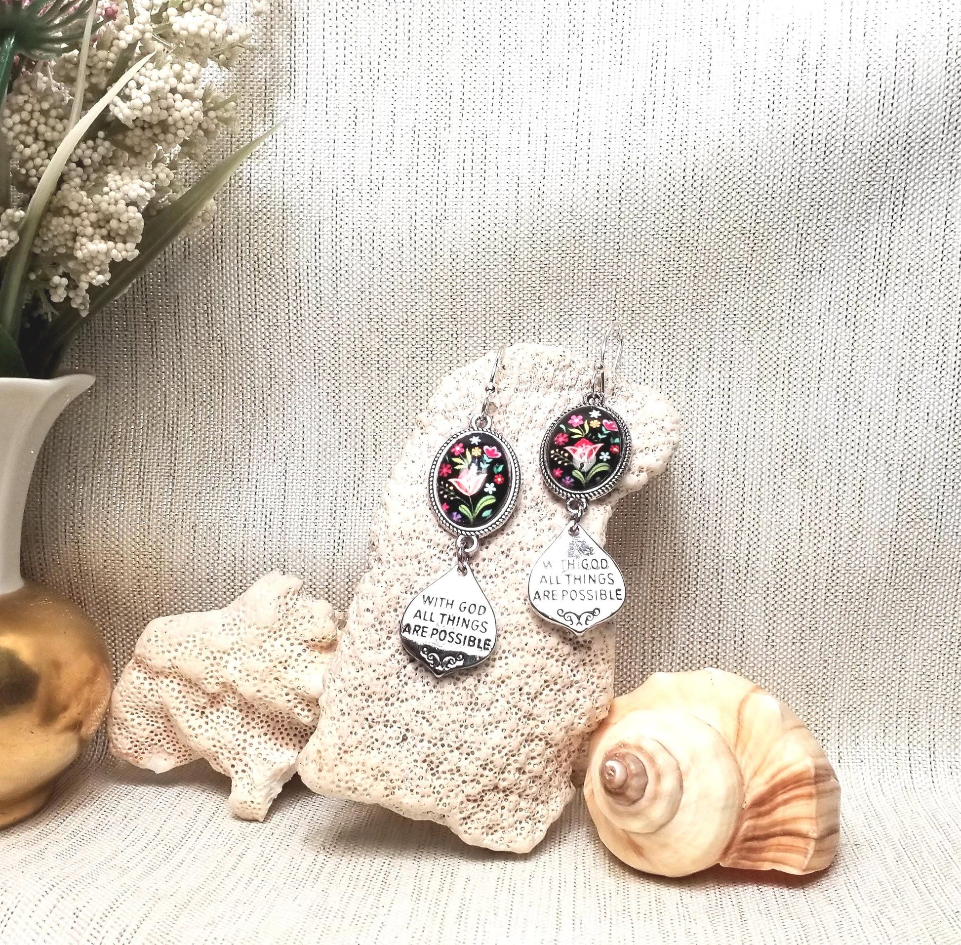 Handcrafted Floral Earrings, Matthew 19:26 Religious Jewelry FREE Domestic SHIPPING