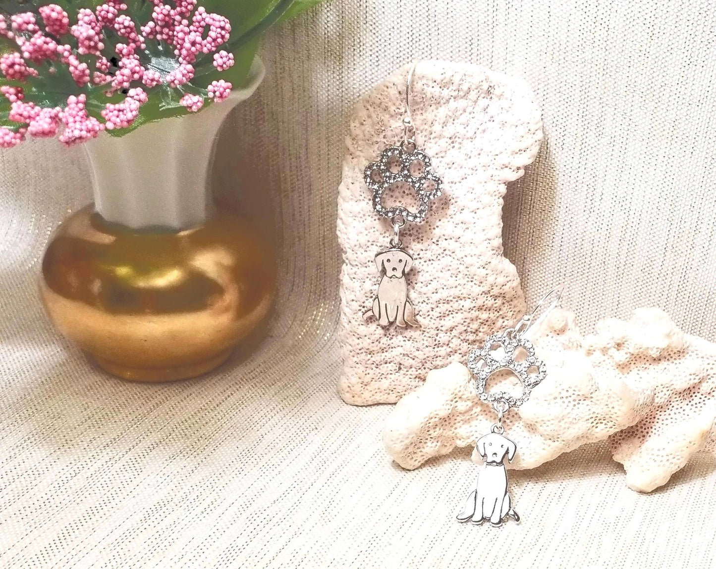 Rhinestone Paw Print Earrings with Puppy Charm