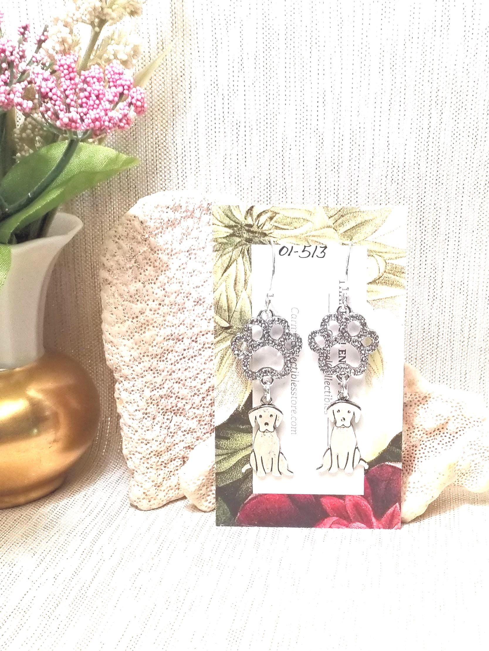 Rhinestone Paw Print Earrings with Puppy Charm