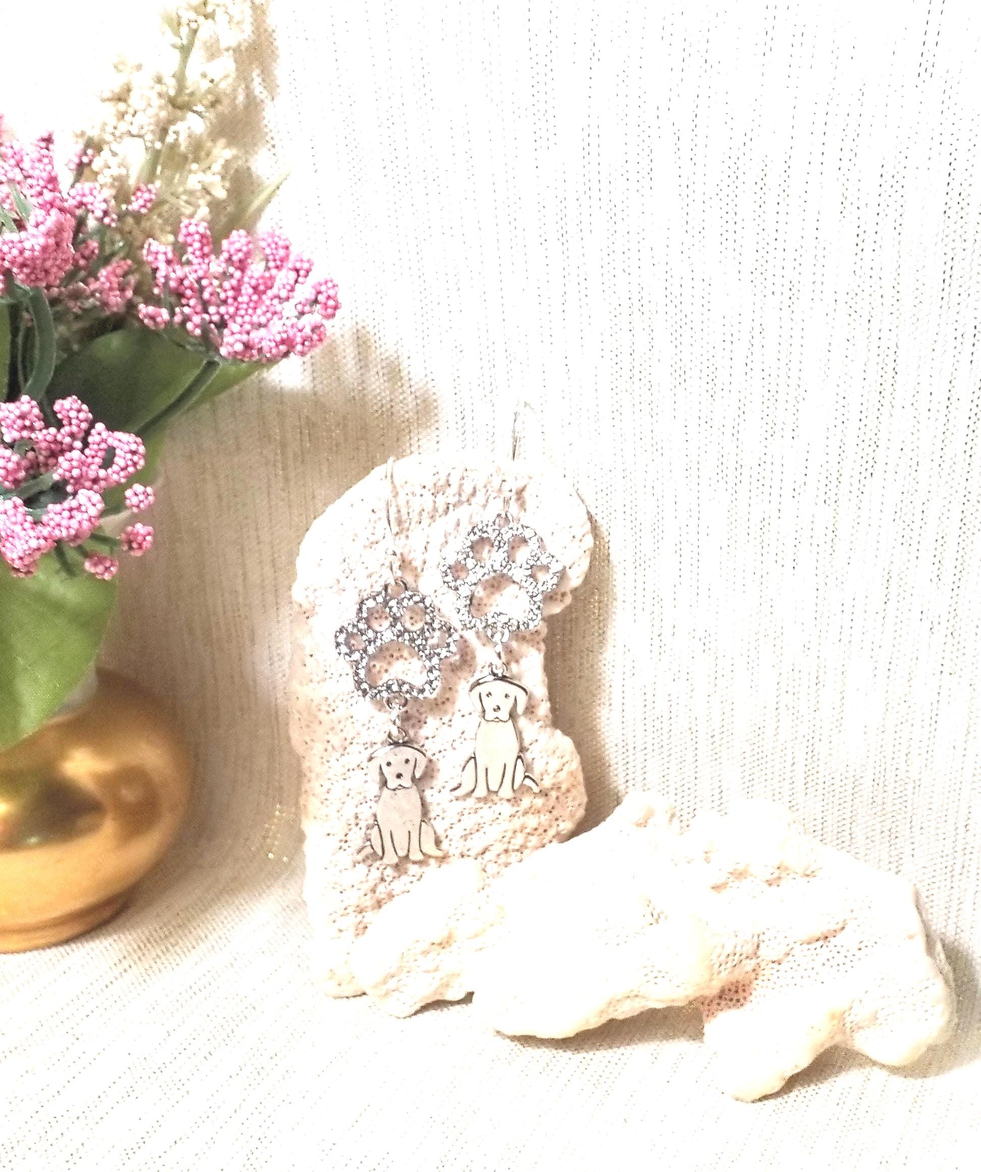 Rhinestone Paw Print Earrings with Puppy Charm