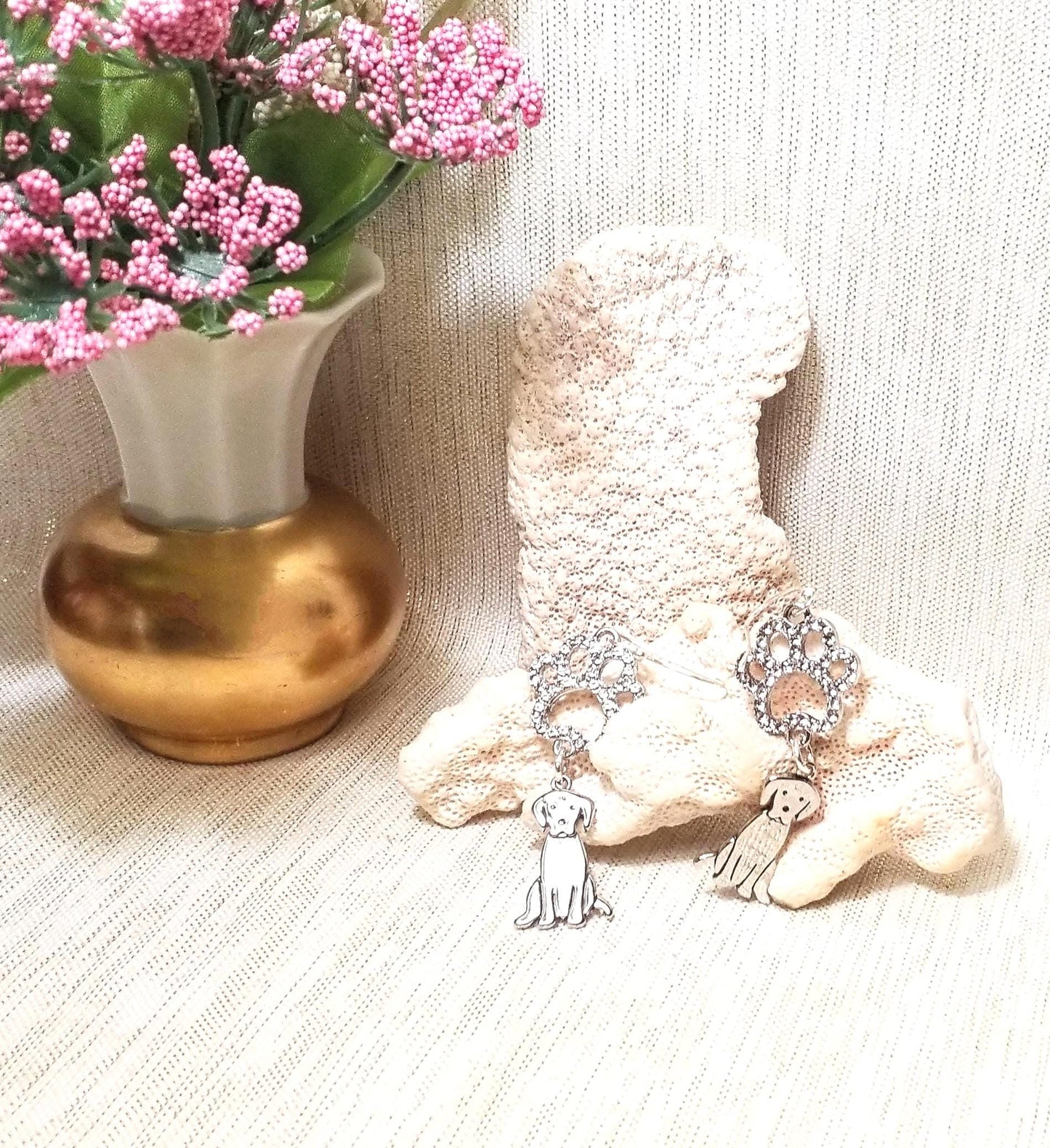 Rhinestone Paw Print Earrings with Puppy Charm