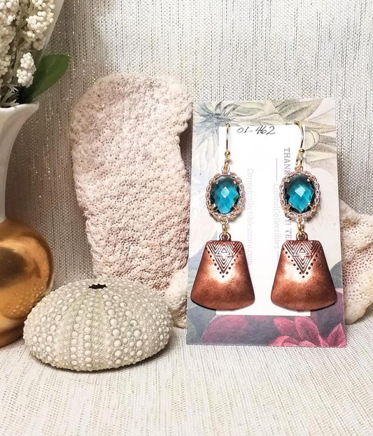 Handcrafted Copper Earrings: Teal Crystal, Elegant Design