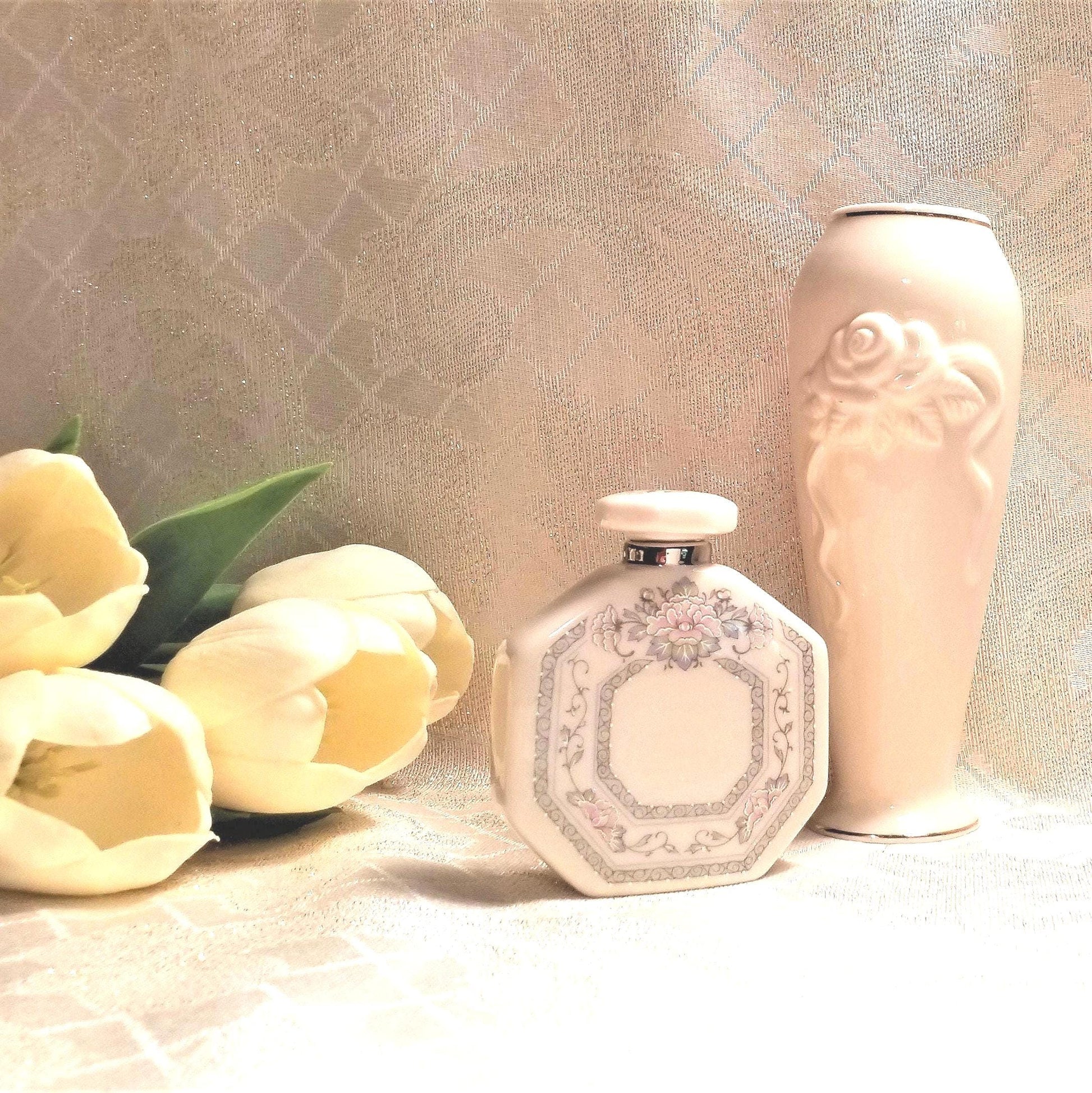 Lenox Charleston Perfume Bottle And Rosebud Vase Set Always FREE Domestic SHIPPING