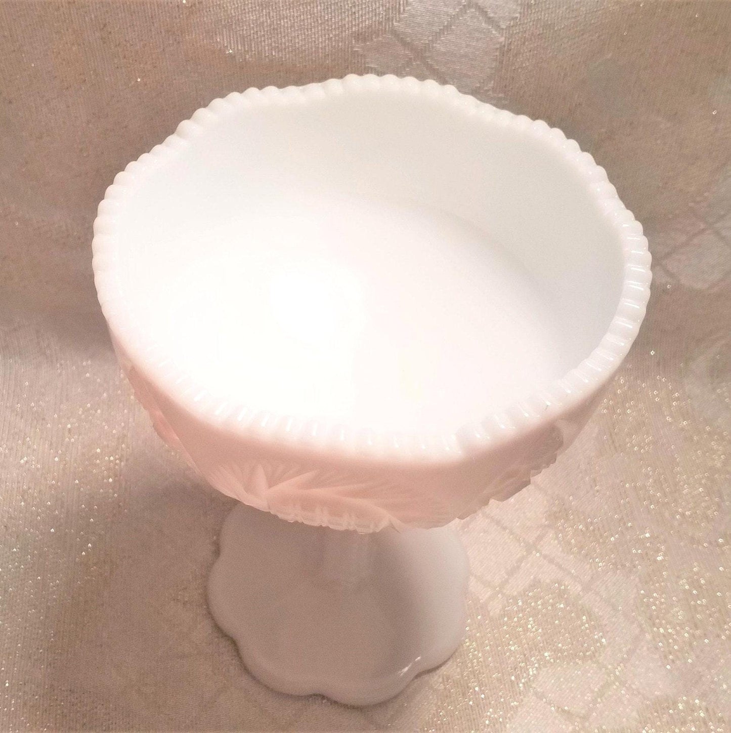 Vintage Milk Glass Compote: Cut Designs, Sawtooth Edge Always FREE Domestic SHIPPING