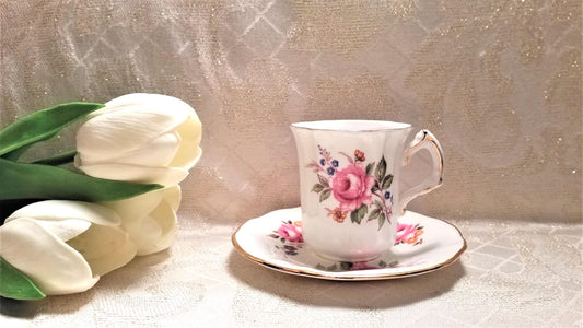 Vintage Hammersley Demitasse Cup and Saucer, Pink Rose Floral, Fine Bone China