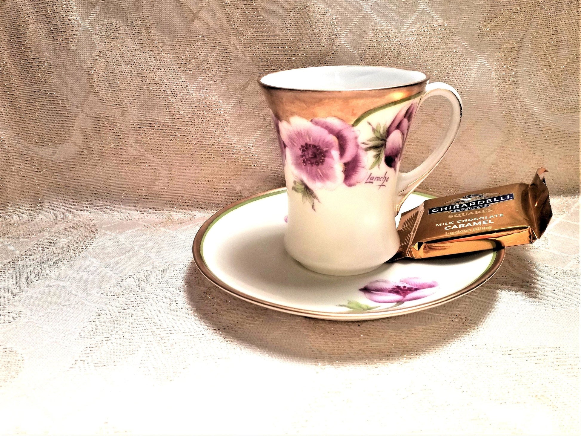 Handpainted Floral Demitasse Cup and Saucer: PT Bavaria Bone China, LaRoche (1927)