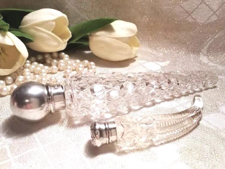 Scent Or Smelling Salt Bottles Elegant Antique Sterling Silver Tops Gorgeous Cut Crystal 2 Collectible Bottles Always FREE Domestic SHIPPING