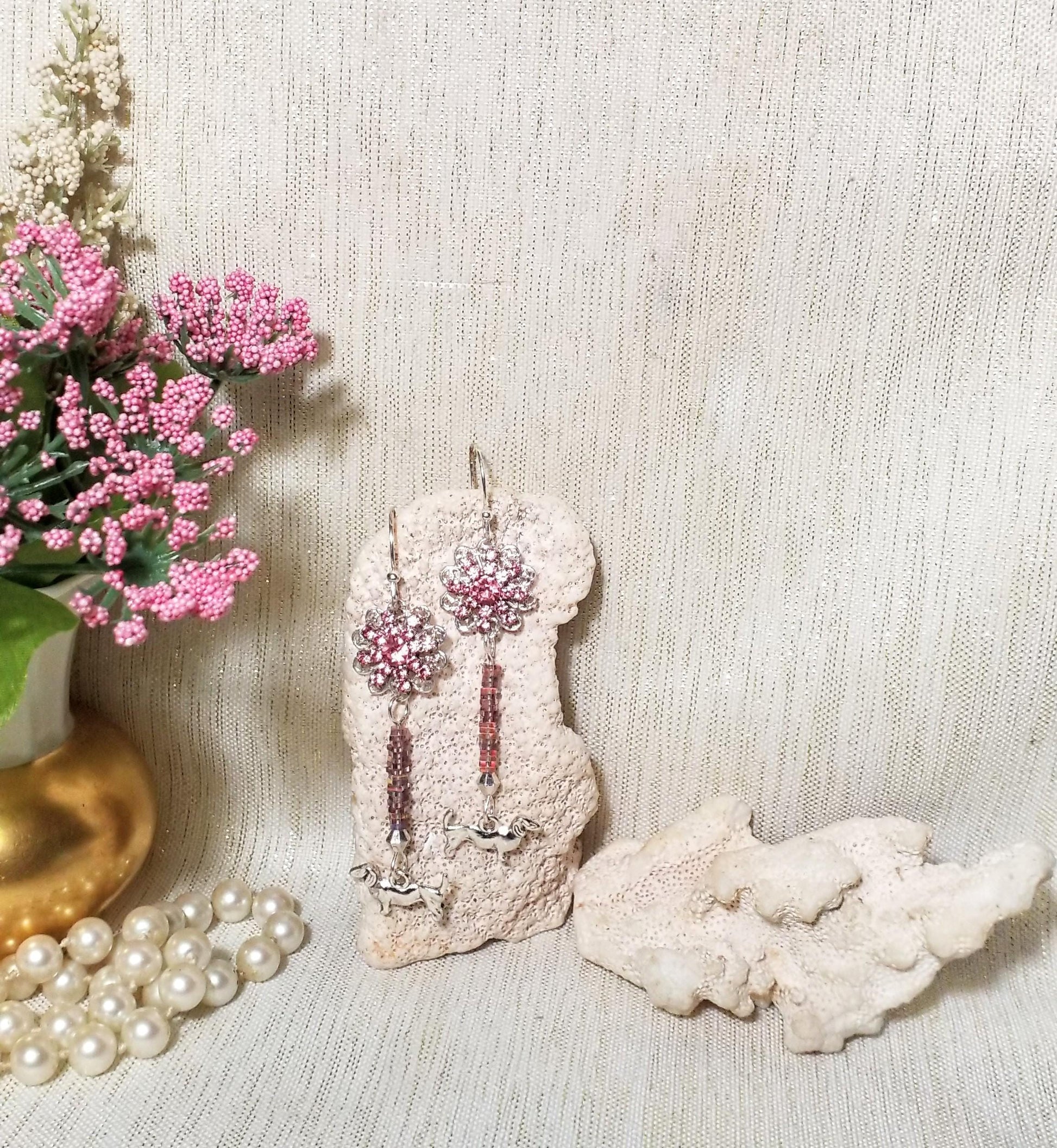 Dachshund Charm Earrings, Silverplated Crystal and Czech Glass