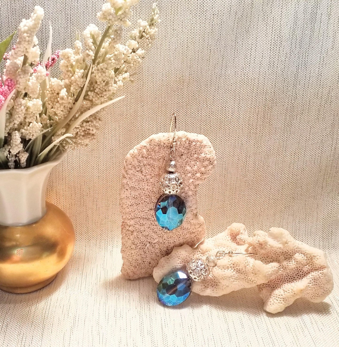 Handcrafted Silverplated Earrings, AB Crystal Blue Ovals Always FREE Domestic SHIPPING