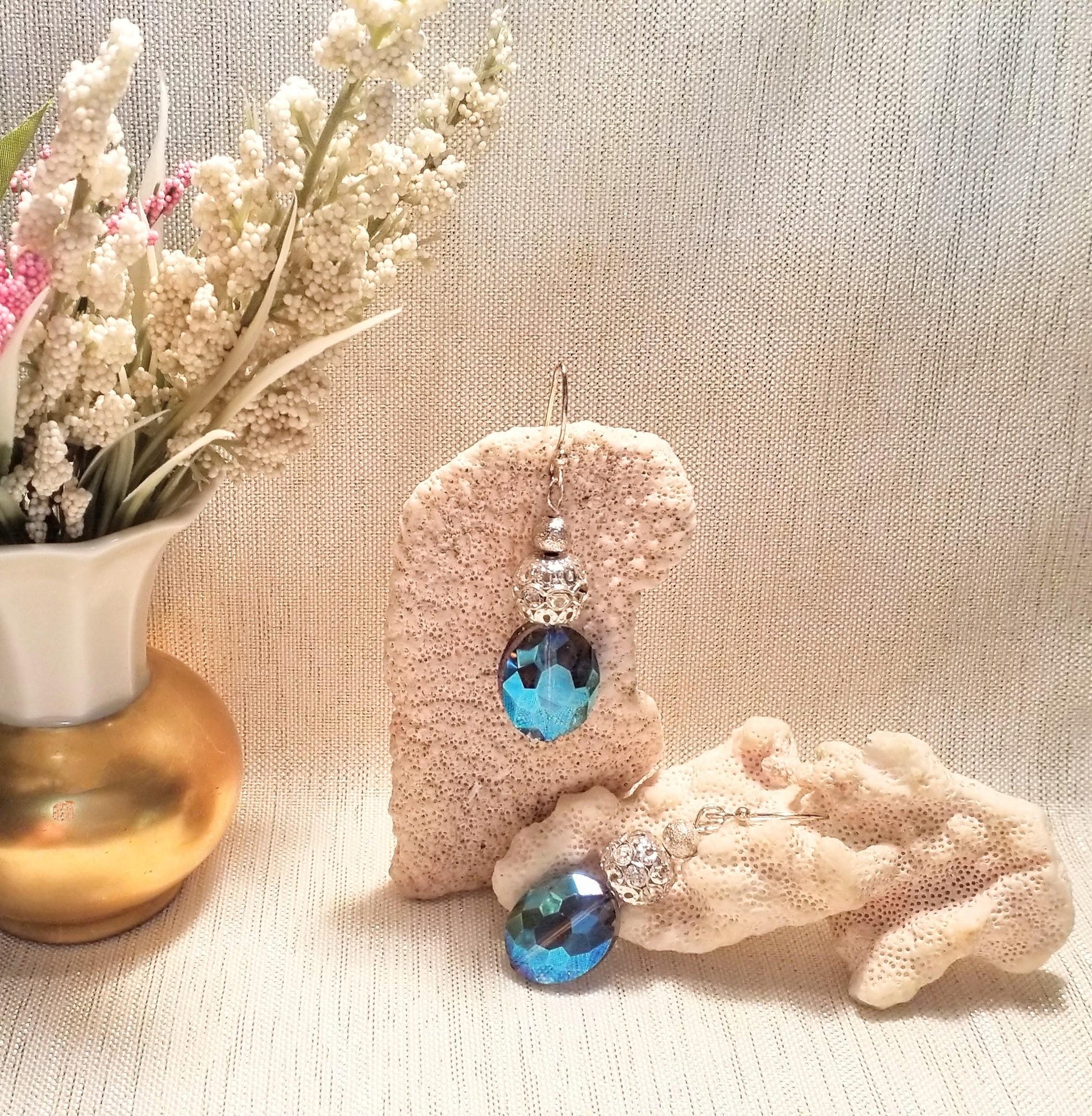 Handcrafted Silverplated Earrings, AB Crystal Blue Ovals Always FREE Domestic SHIPPING