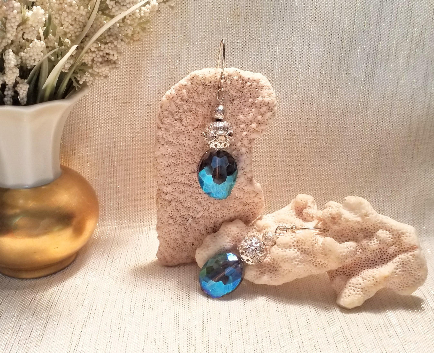 Handcrafted Silverplated Earrings, AB Crystal Blue Ovals Always FREE Domestic SHIPPING