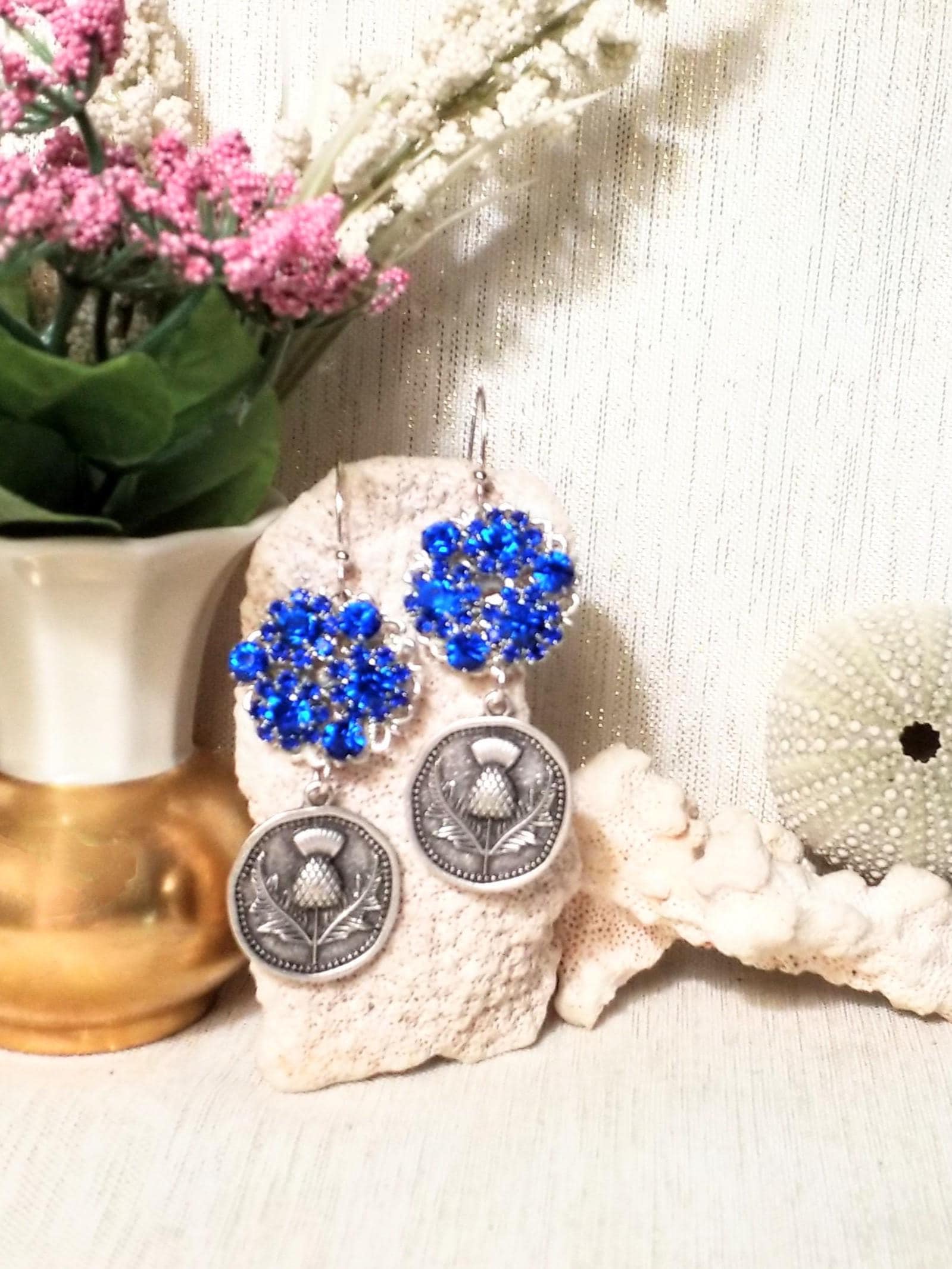 Handcrafted Scottish Thistle Earrings with Royal Blue Rhinestones Always FREE Domestic SHIPPING