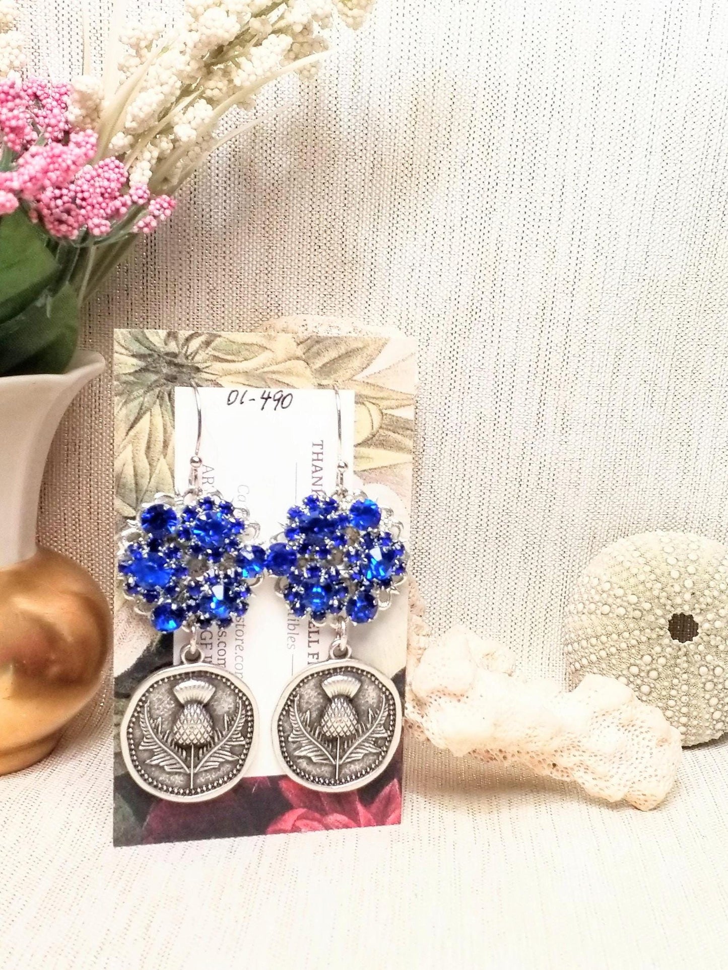 Handcrafted Scottish Thistle Earrings with Royal Blue Rhinestones Always FREE Domestic SHIPPING