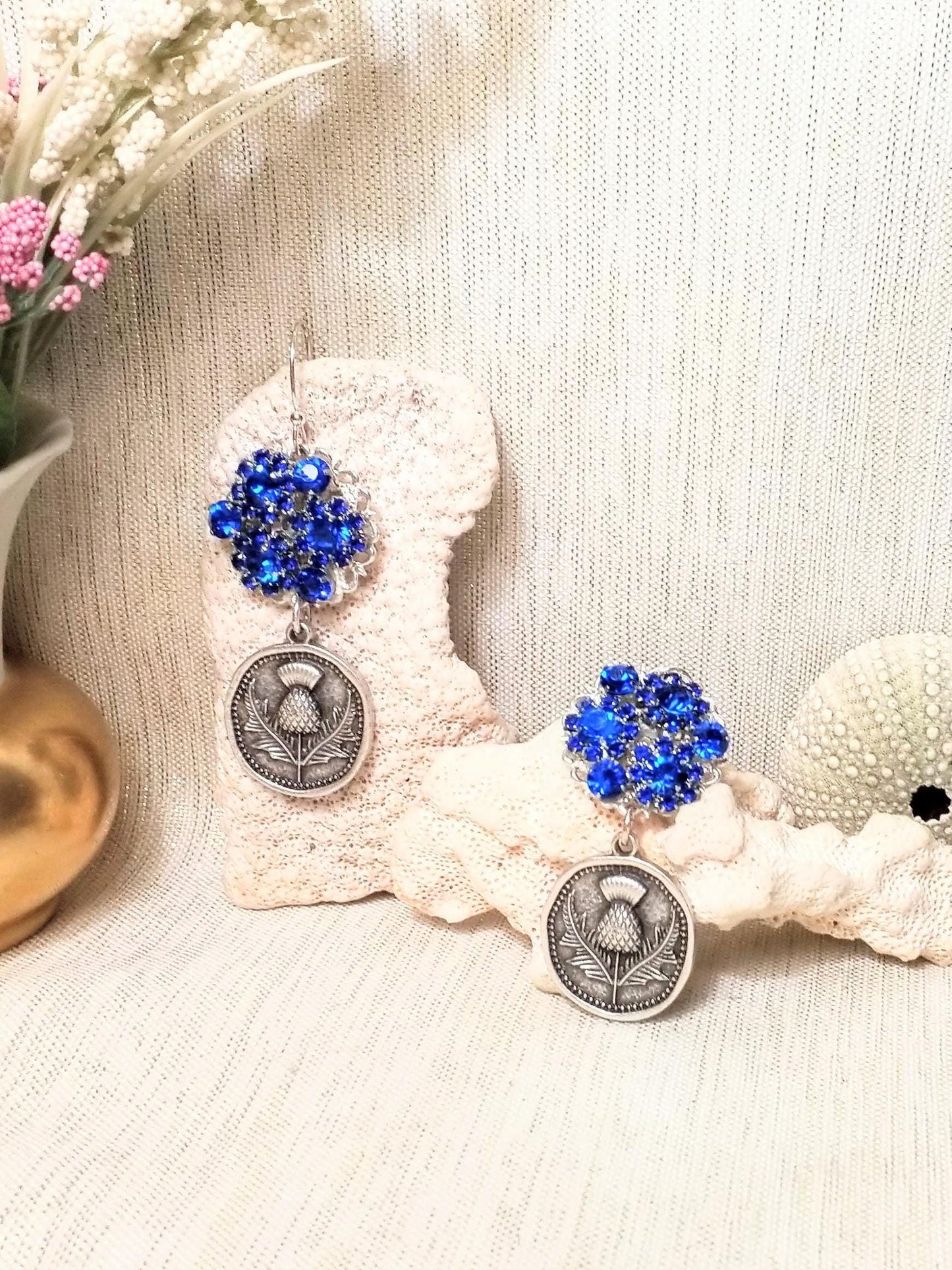 Handcrafted Scottish Thistle Earrings with Royal Blue Rhinestones Always FREE Domestic SHIPPING