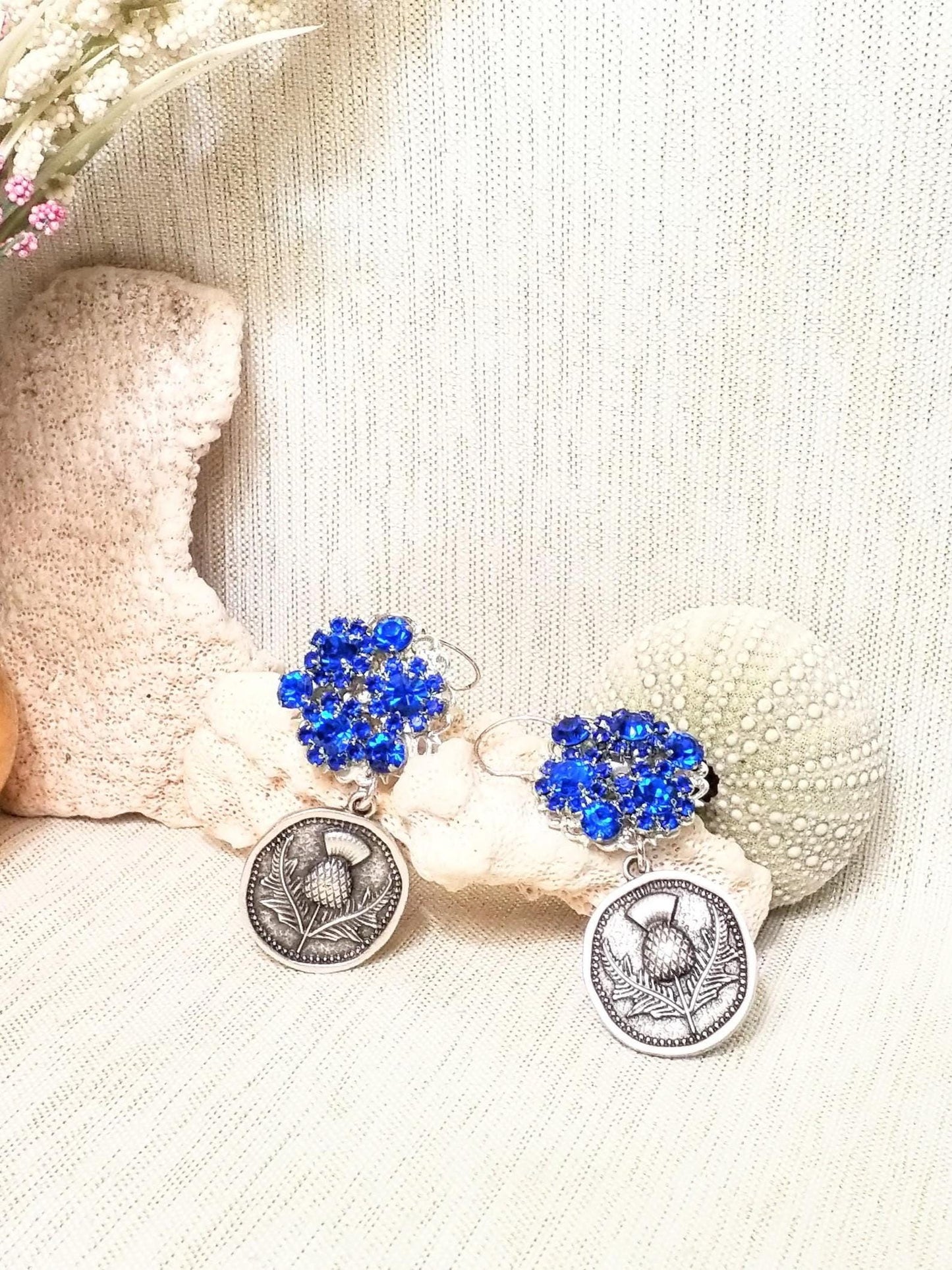 Handcrafted Scottish Thistle Earrings with Royal Blue Rhinestones Always FREE Domestic SHIPPING