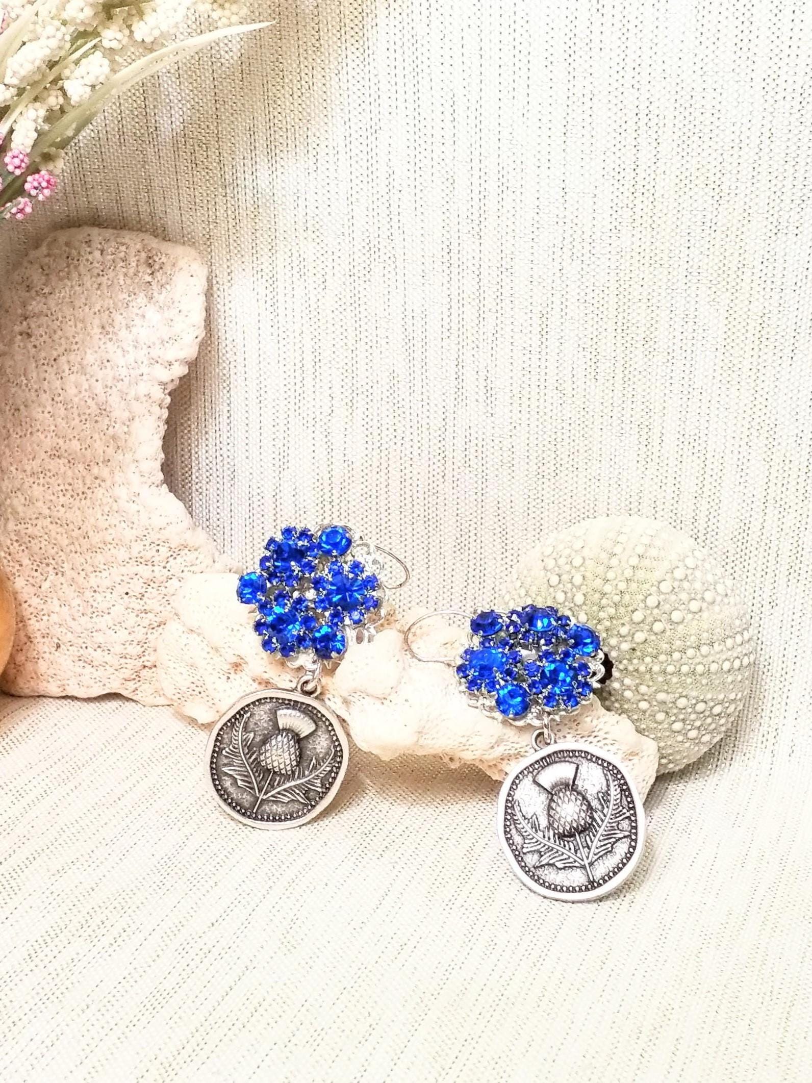 Handcrafted Scottish Thistle Earrings with Royal Blue Rhinestones Always FREE Domestic SHIPPING