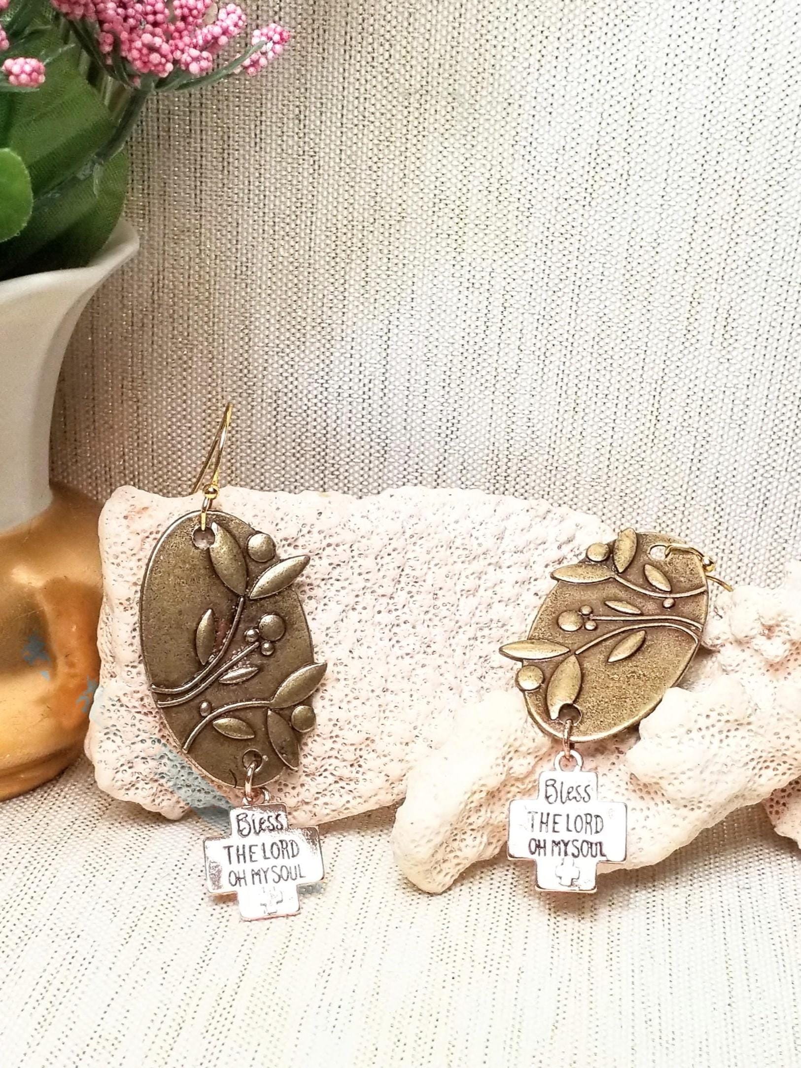 Handcrafted Brass Floral Oval Earrings, Bless The Lord Charm Always FREE Domestic SHIPPING