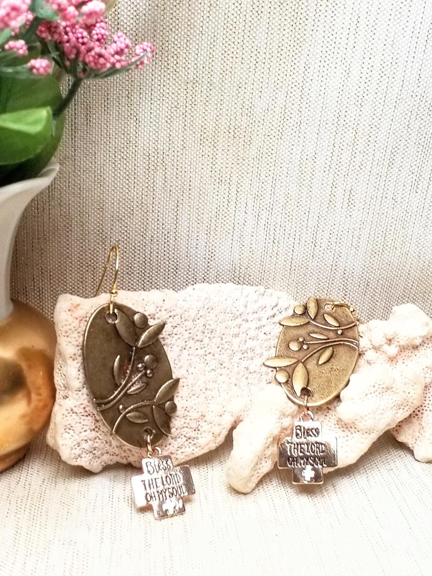 Handcrafted Brass Floral Oval Earrings, Bless The Lord Charm Always FREE Domestic SHIPPING