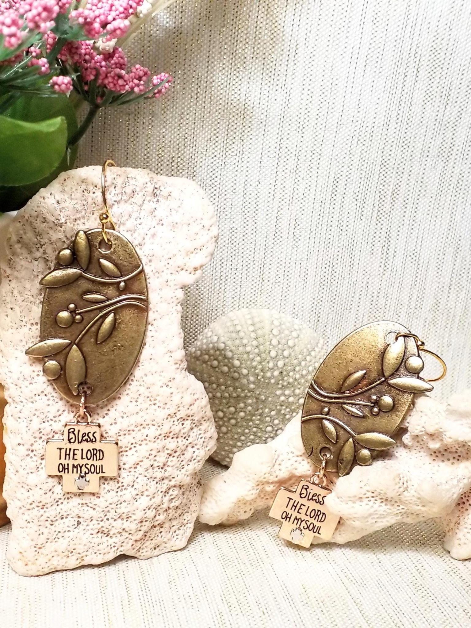 Handcrafted Brass Floral Oval Earrings, Bless The Lord Charm Always FREE Domestic SHIPPING