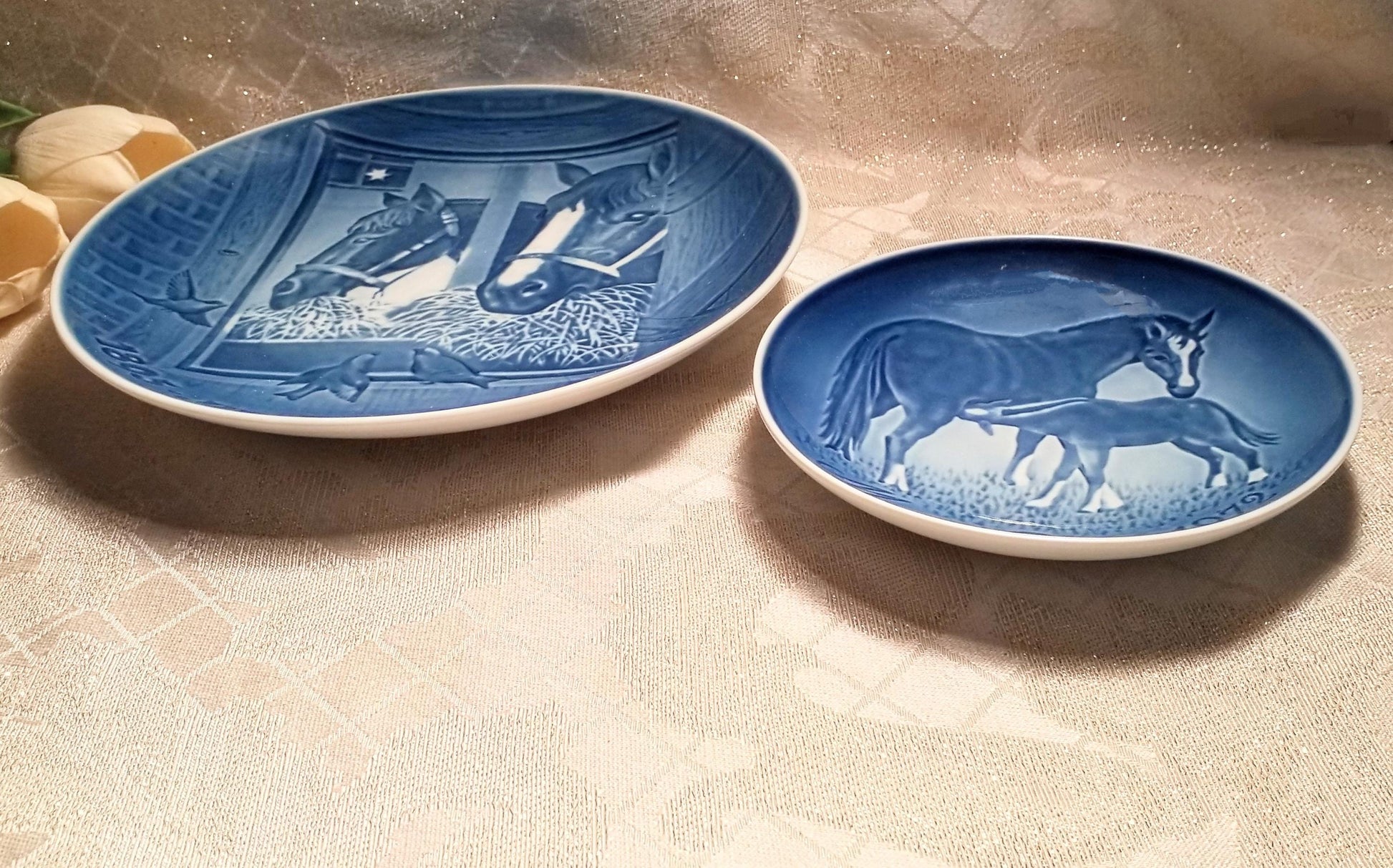 Bing and Grondahl Horse Plates, B&G Blue and White Porcelain Decor