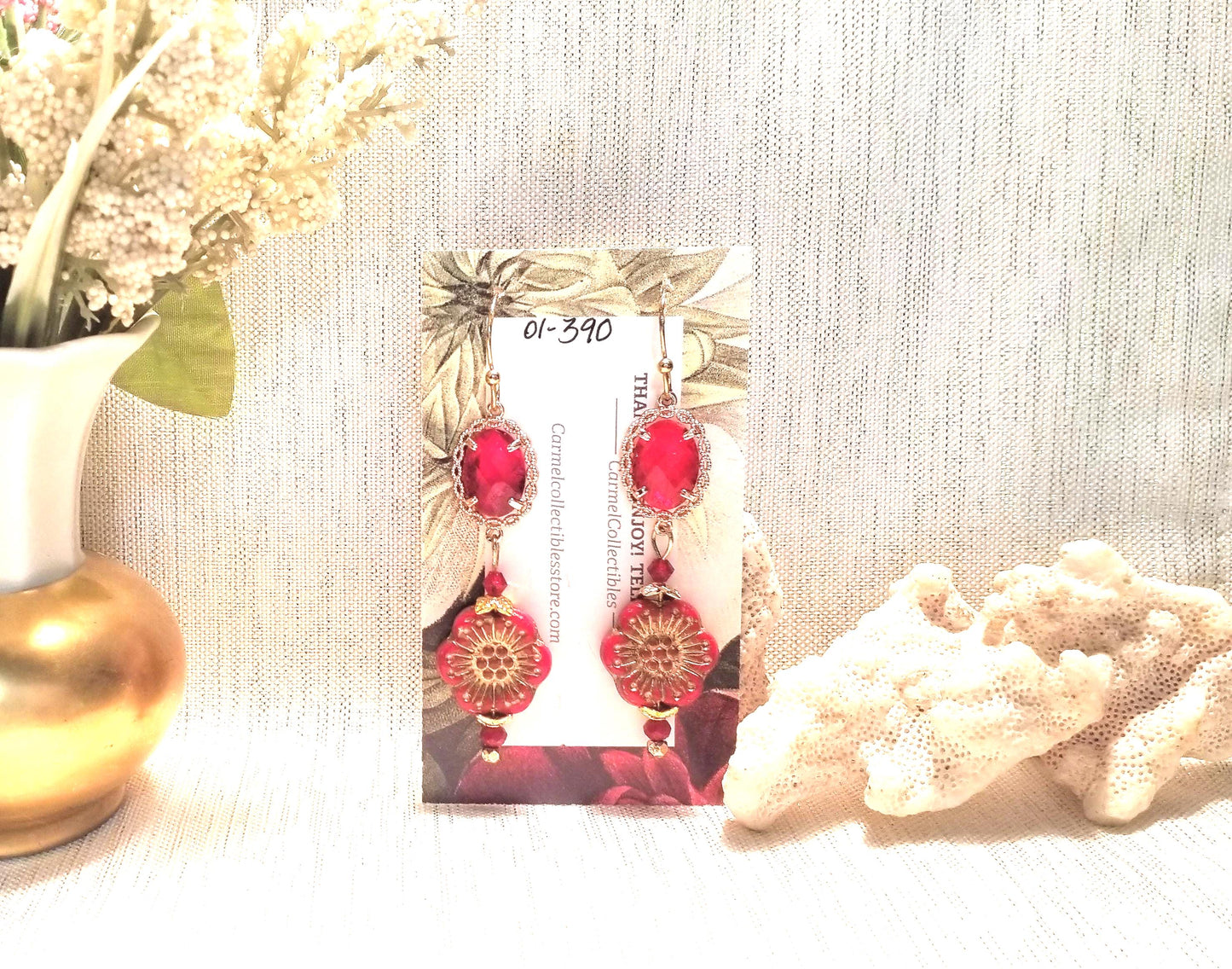 Handcrafted Red Crystal Czech Floral Earrings