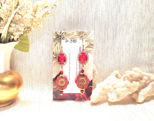 Handcrafted Red Crystal Czech Floral Earrings