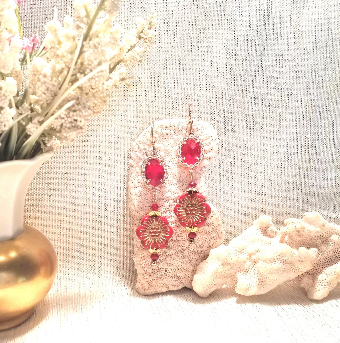 Handcrafted Red Crystal Czech Floral Earrings