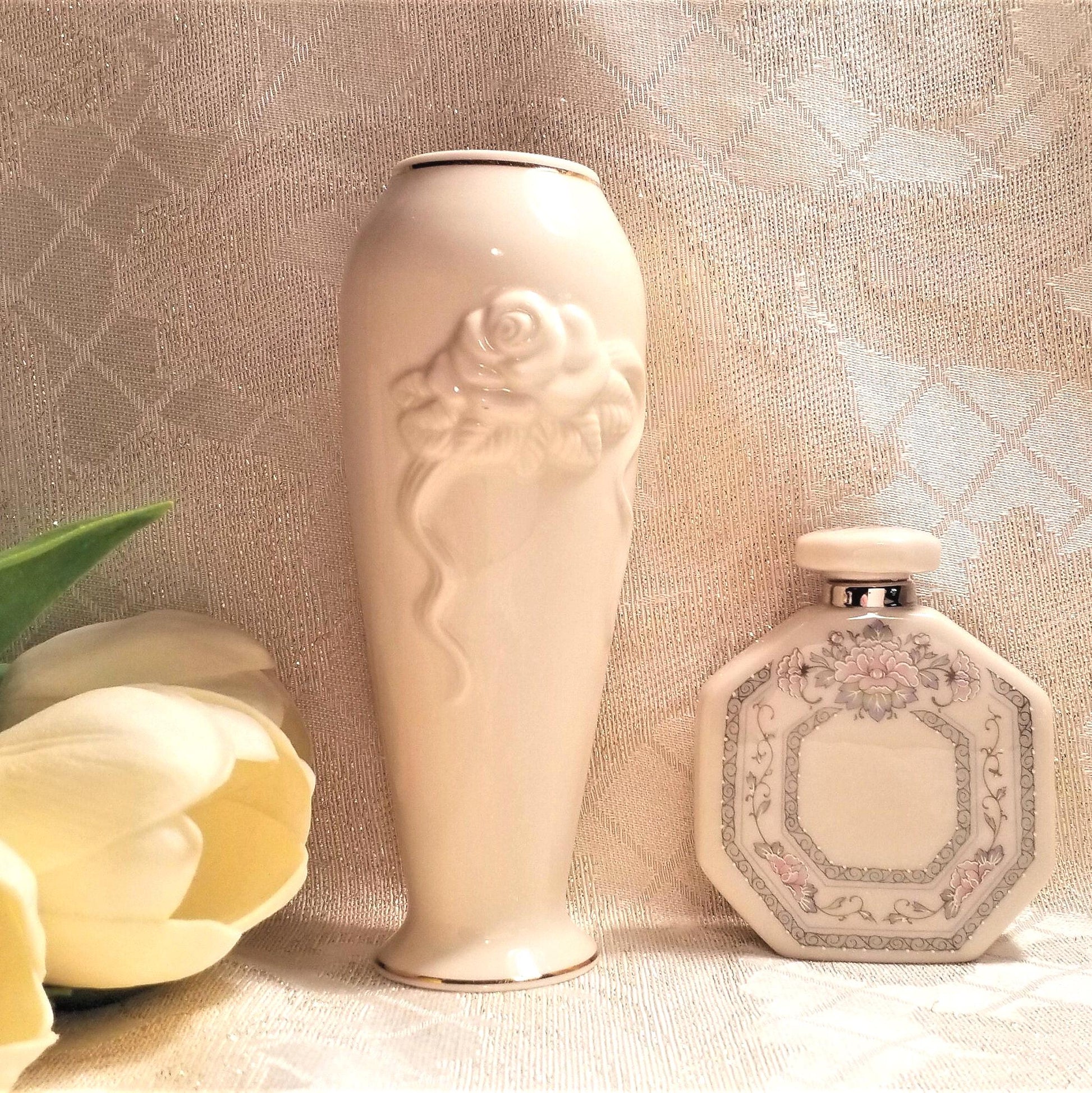 Lenox Charleston Perfume Bottle And Rosebud Vase Set Always FREE Domestic SHIPPING