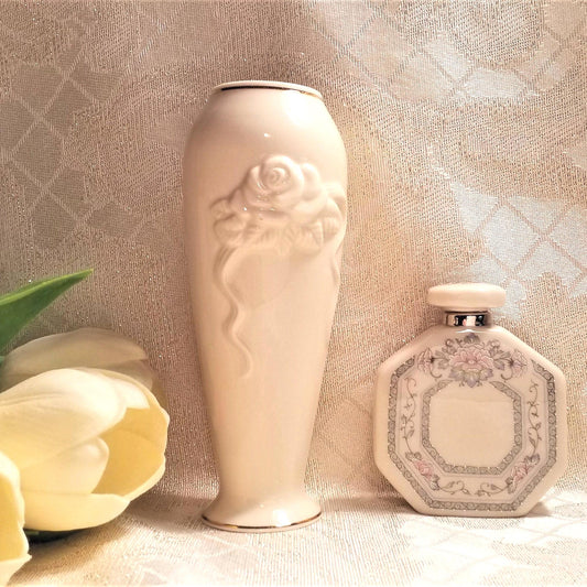 Lenox Charleston Perfume Bottle And Rosebud Vase Set Always FREE Domestic SHIPPING