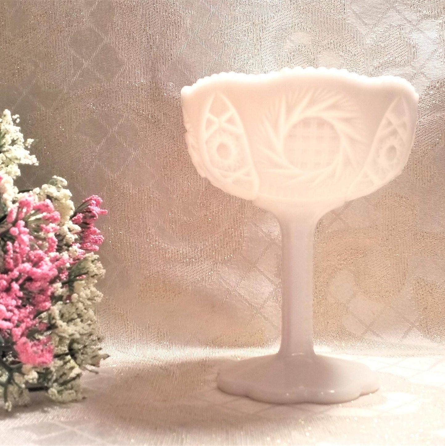 Vintage Milk Glass Compote: Cut Designs, Sawtooth Edge Always FREE Domestic SHIPPING