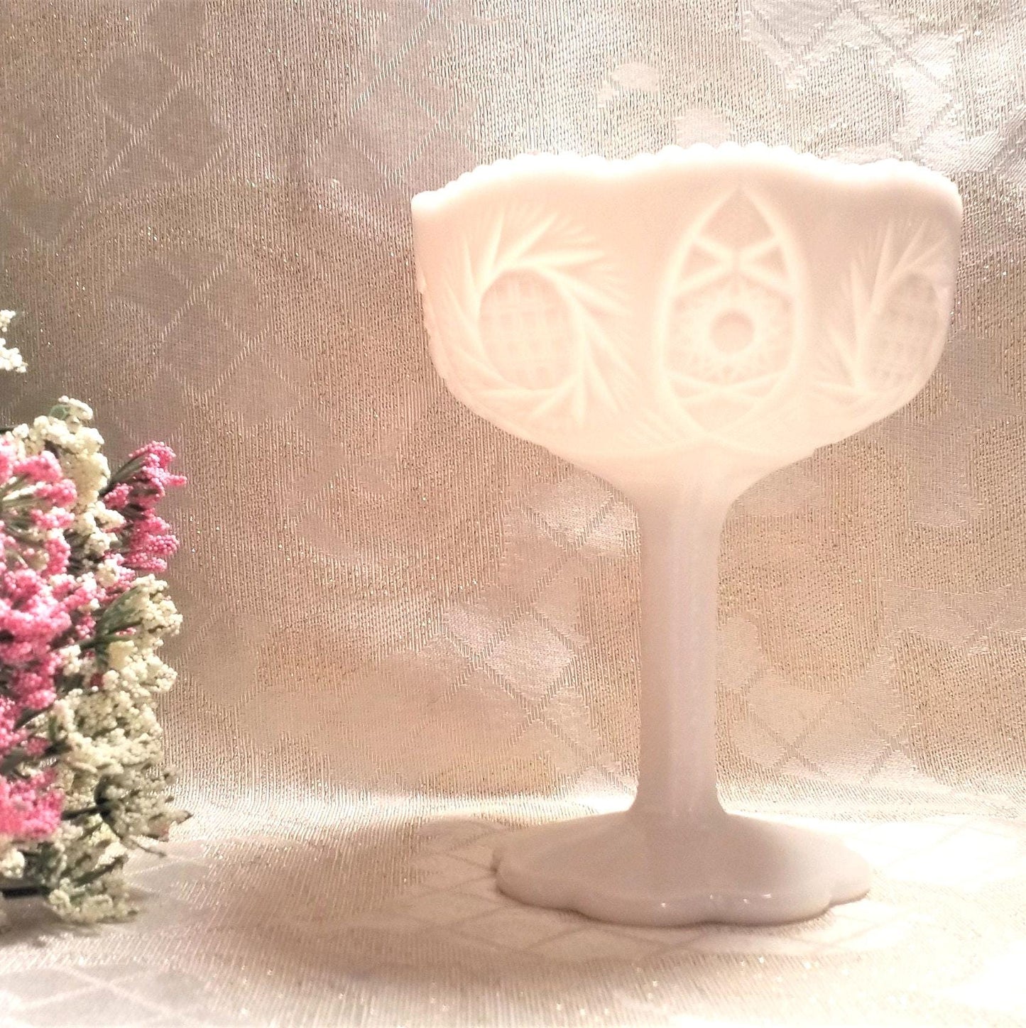 Vintage Milk Glass Compote: Cut Designs, Sawtooth Edge Always FREE Domestic SHIPPING
